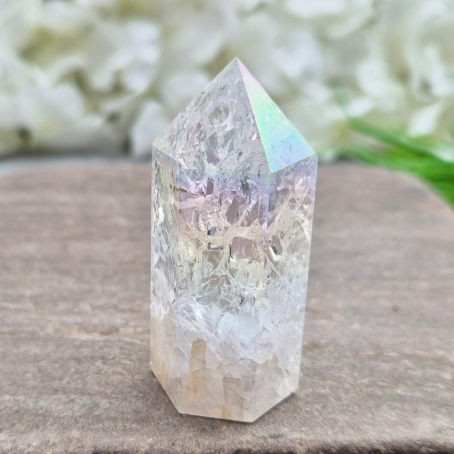 Aura Fire and Ice Quartz Polished Standing Point. Formed through the rapid heating and cooling of Quartz to create internal fracturing, then bonded with Silver and Platinum to become Angel Aura Fire and Ice, this piece radiates pure, high-frequency energy.