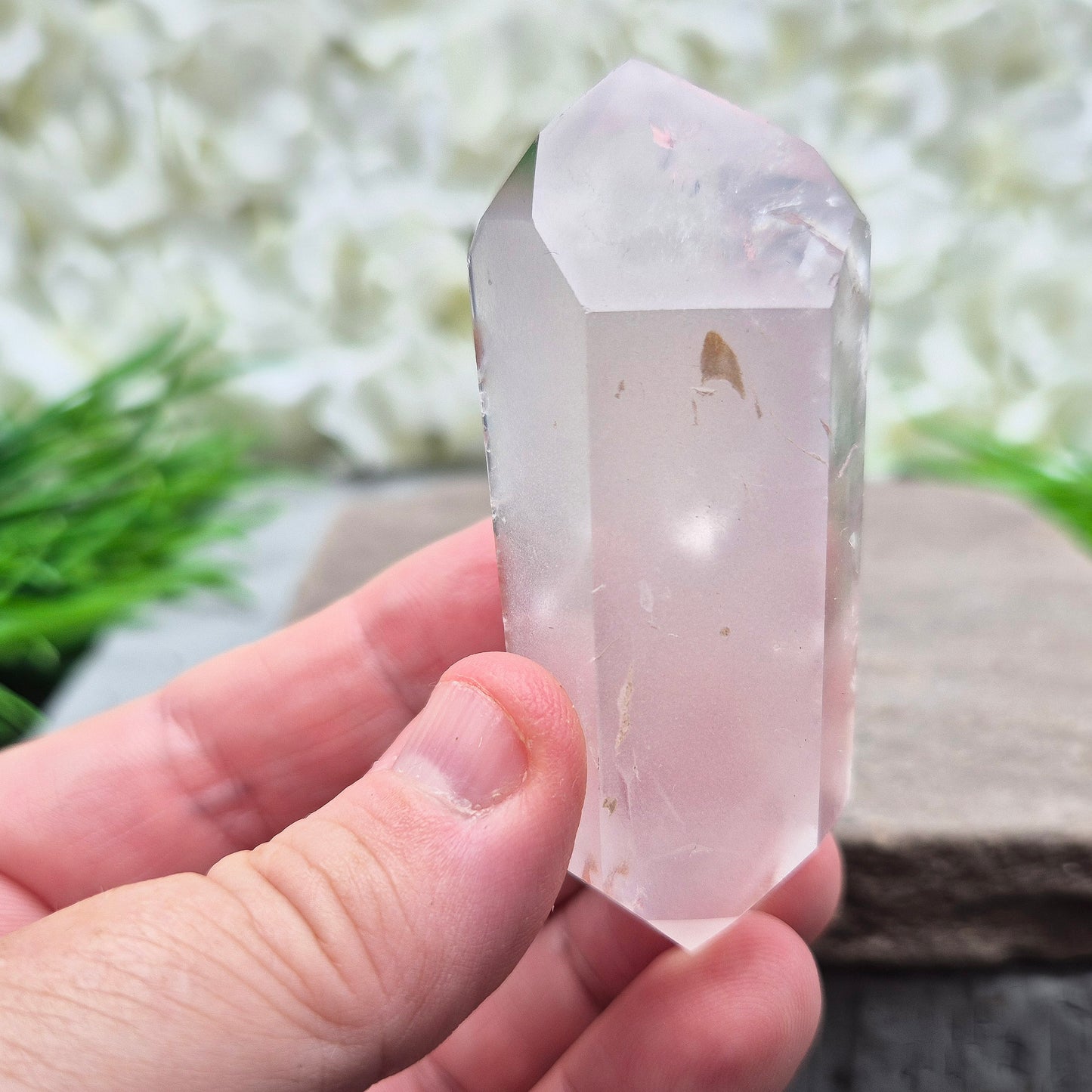 Quartz Crystal Double Terminated Wand, has a rainbow within it bringing a joyous nurturing vibration to an already great healing tool. Two sides are frosted.