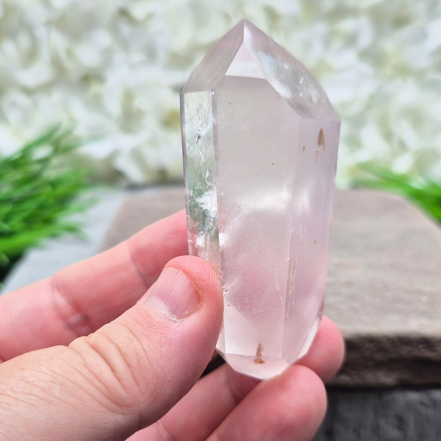 Quartz Crystal Double Terminated Wand, has a rainbow within it bringing a joyous nurturing vibration to an already great healing tool. Two sides are frosted.