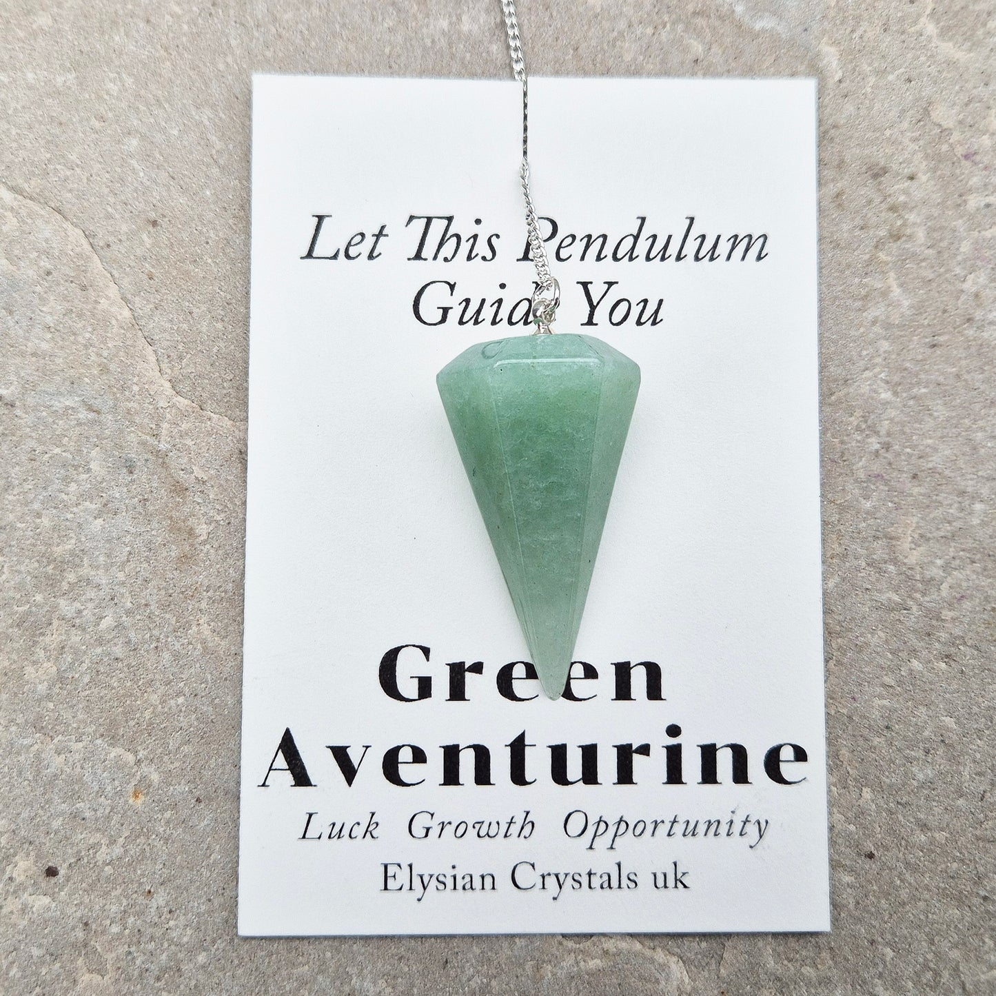 This beautiful Green Aventurine crystal pendulum features a Green Aventurine crystal pendulum and a green bead at the end of the chain.