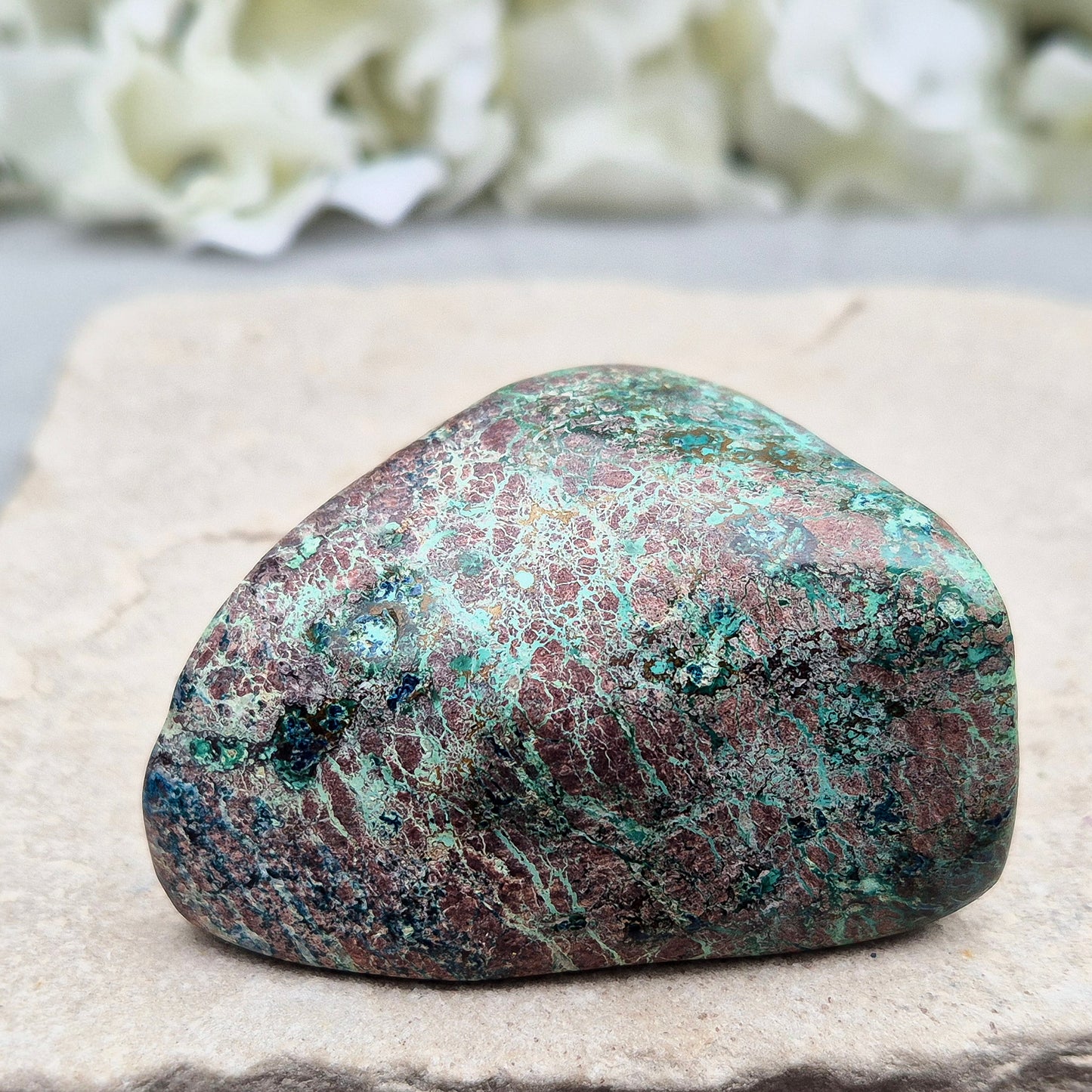Shattuckite in Chrysocolla & Cuprite Matrix (Polished). A blend of earthy red and turquoise green and blue, this stone carries the energetic depth of copper-rich minerals working in harmony.