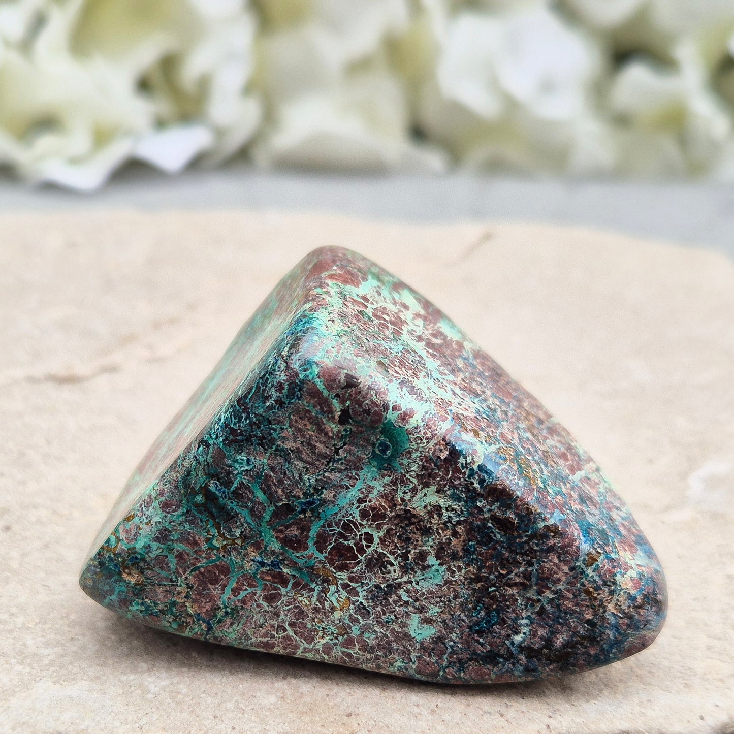 Shattuckite in Chrysocolla & Cuprite Matrix (Polished). A blend of earthy red and turquoise green and blue, this stone carries the energetic depth of copper-rich minerals working in harmony.