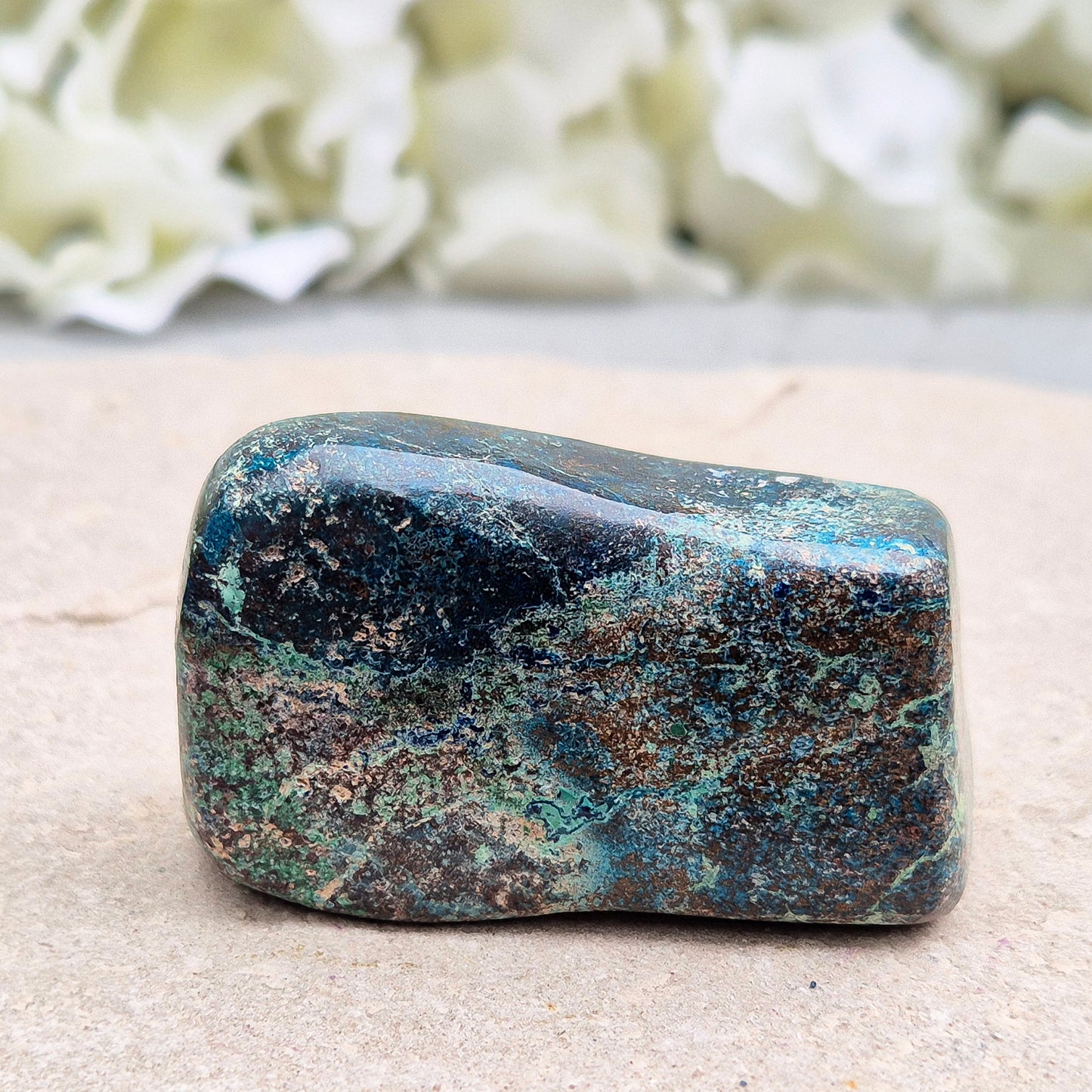 Shattuckite in Chrysocolla & Cuprite Matrix (Polished). A blend of earthy red and turquoise green and blue, this stone carries the energetic depth of copper-rich minerals working in harmony.