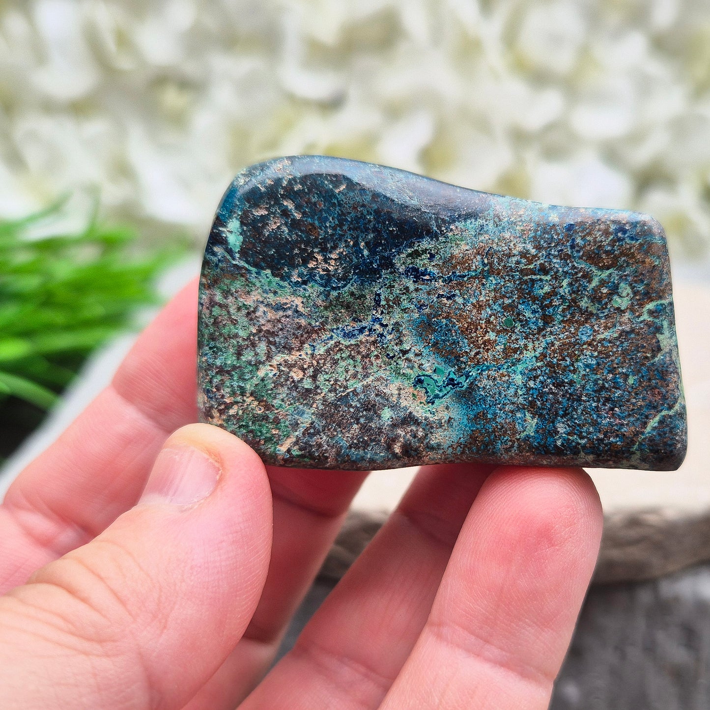 Shattuckite in Chrysocolla & Cuprite Matrix (Polished). A blend of earthy red and turquoise green and blue, this stone carries the energetic depth of copper-rich minerals working in harmony.