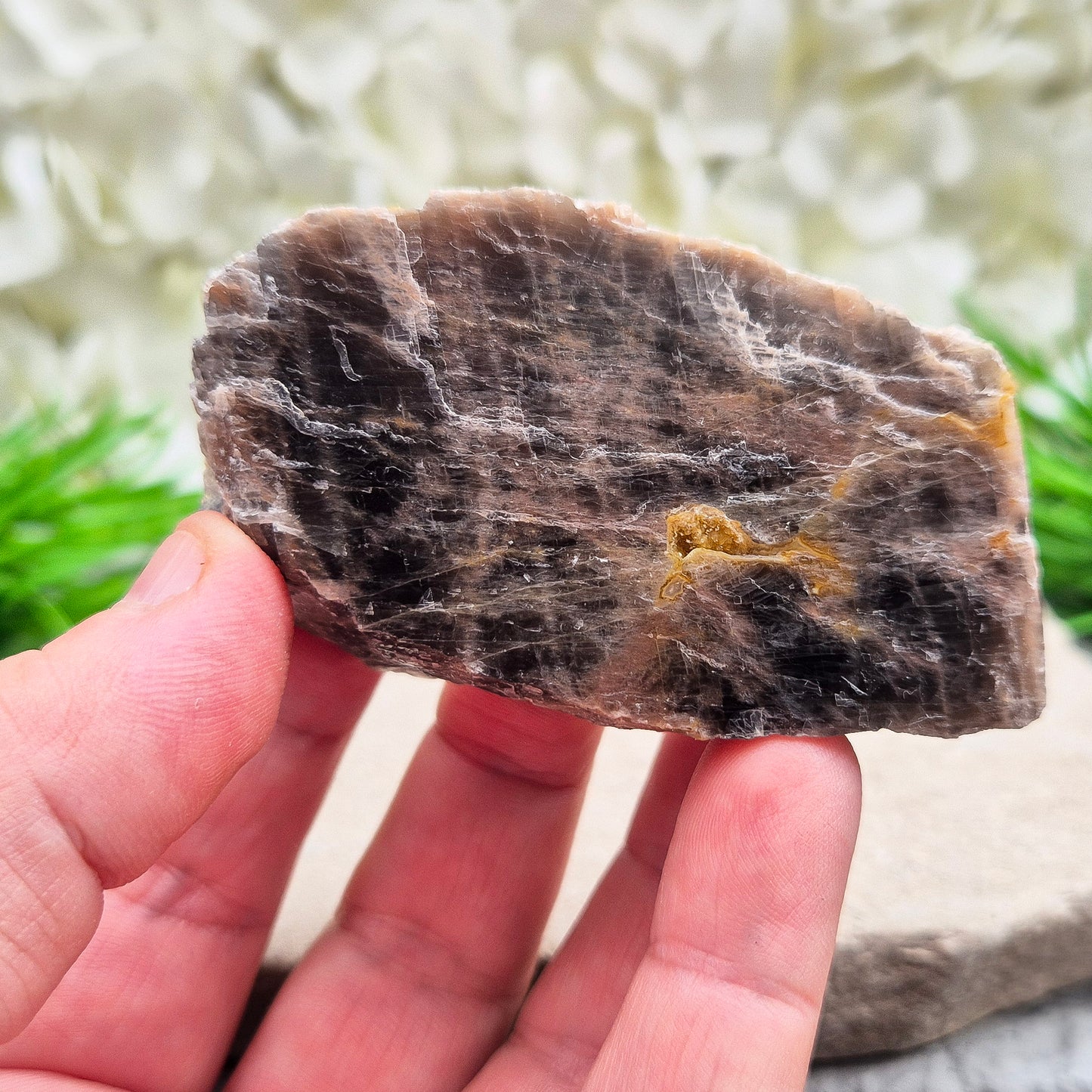 Black Moonstone from Madagascar. This natural piece features deep grey to black tones with a subtle shimmer. A unique variety of moonstone, it’s known for its grounding and reflective qualities.