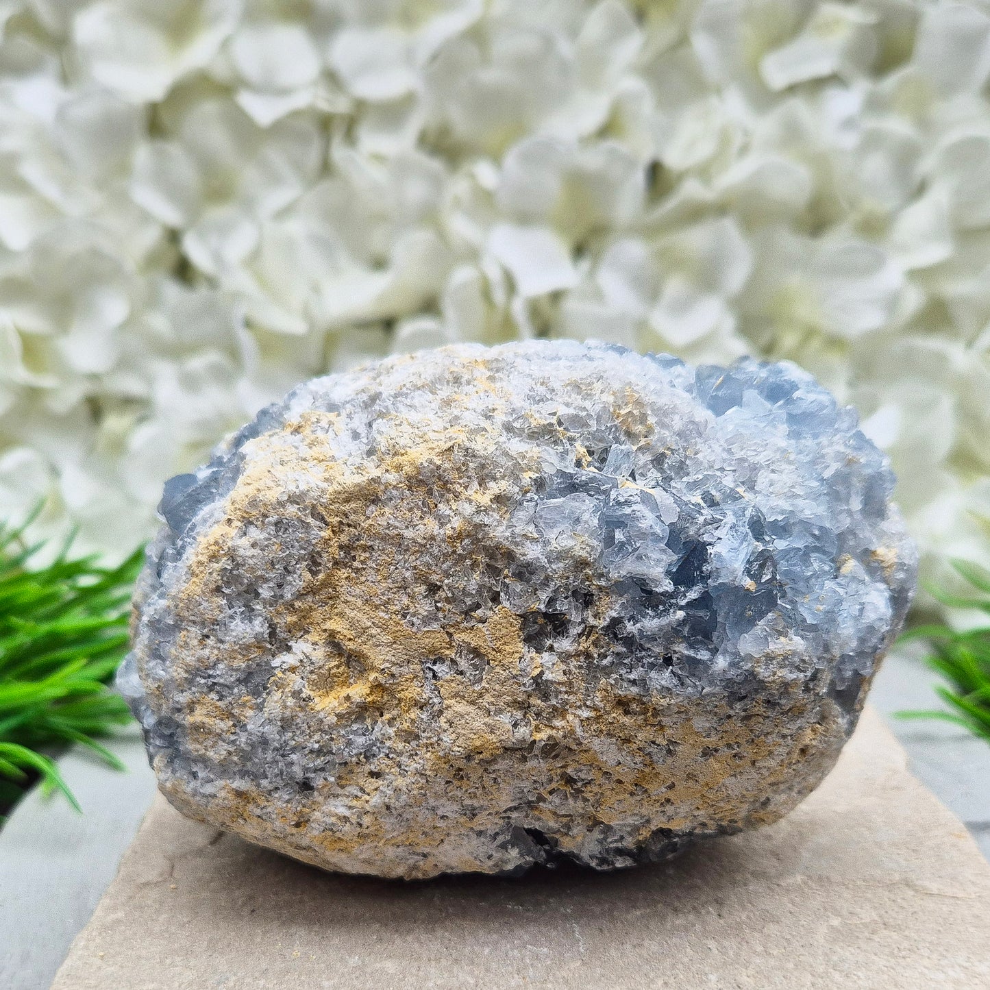 Celestite Crystal Cluster from Madagascar. This beautiful cluster shows sparkling sky-blue crystals on a natural matrix. The base is softly rounded but still sits well on a flat surface.
