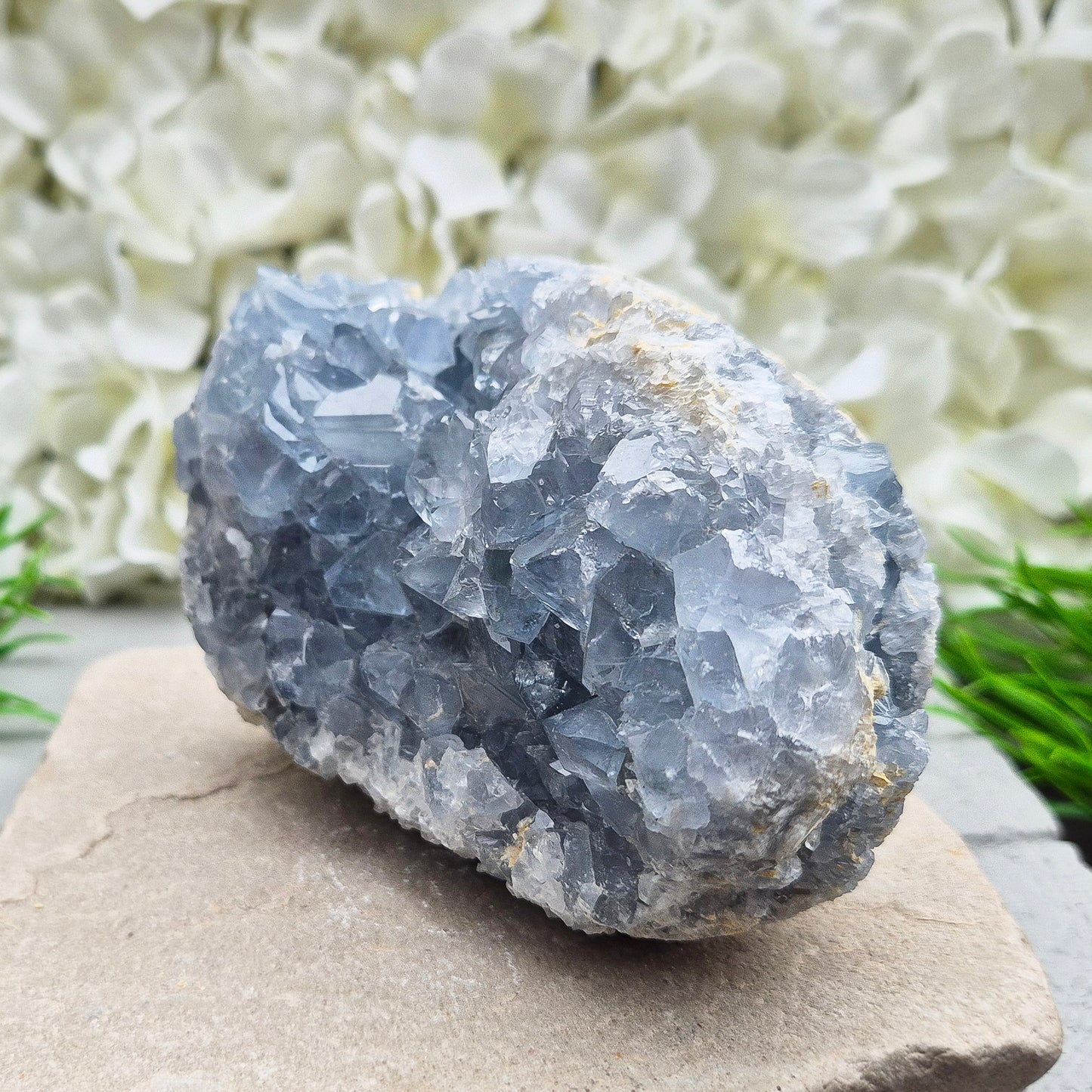 Celestite Crystal Cluster from Madagascar. This beautiful cluster shows sparkling sky-blue crystals on a natural matrix. The base is softly rounded but still sits well on a flat surface.