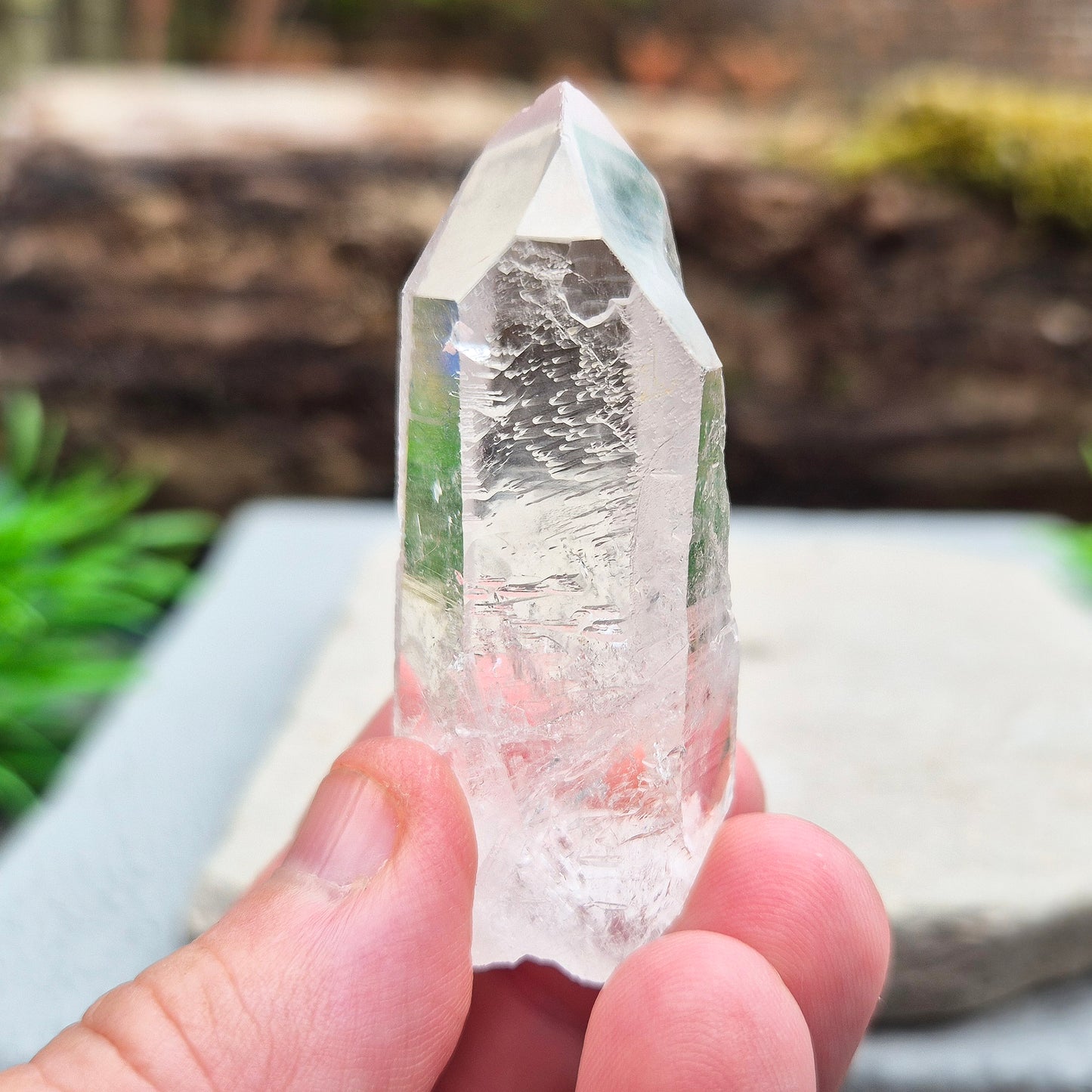 This natural quartz point has lovely clarity with Starbrary markings on at least two sides. These etched shapes — triangles, lines, and patterns — look like ancient writing and are thought to carry cosmic knowledge.