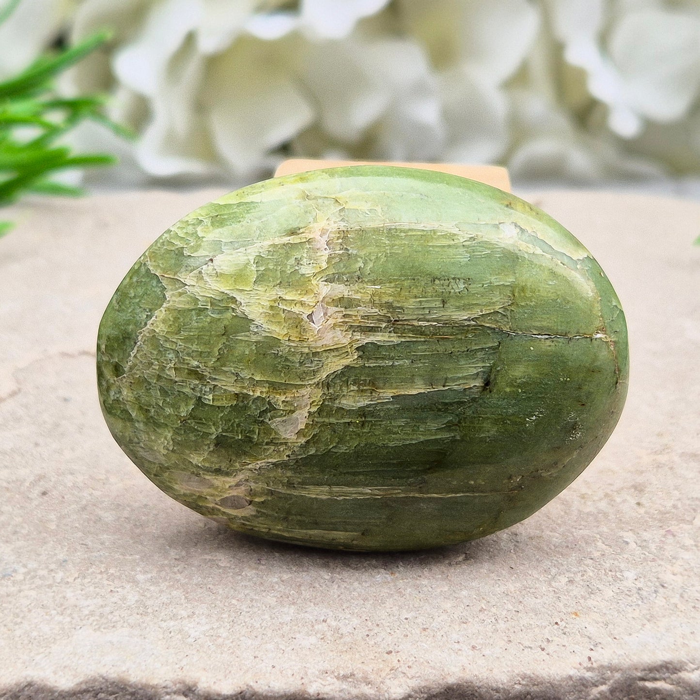 This lovely Tremolite palm stone from the United States shows soft green colouring with a smooth, polished finish. Tremolite forms when rocks such as limestone undergo heat and pressure, creating a crystal that appears in shades of white, grey, green, or light brown.
