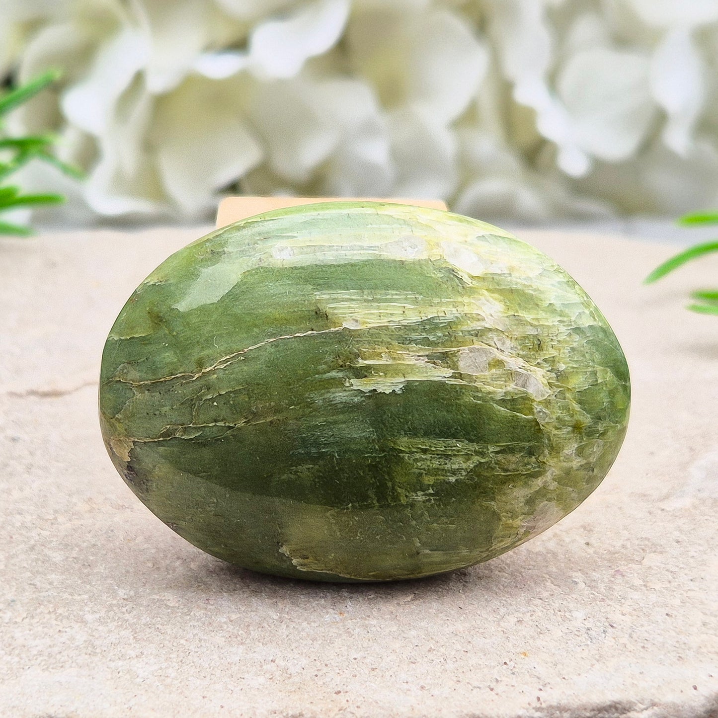 This lovely Tremolite palm stone from the United States shows soft green colouring with a smooth, polished finish. Tremolite forms when rocks such as limestone undergo heat and pressure, creating a crystal that appears in shades of white, grey, green, or light brown.
