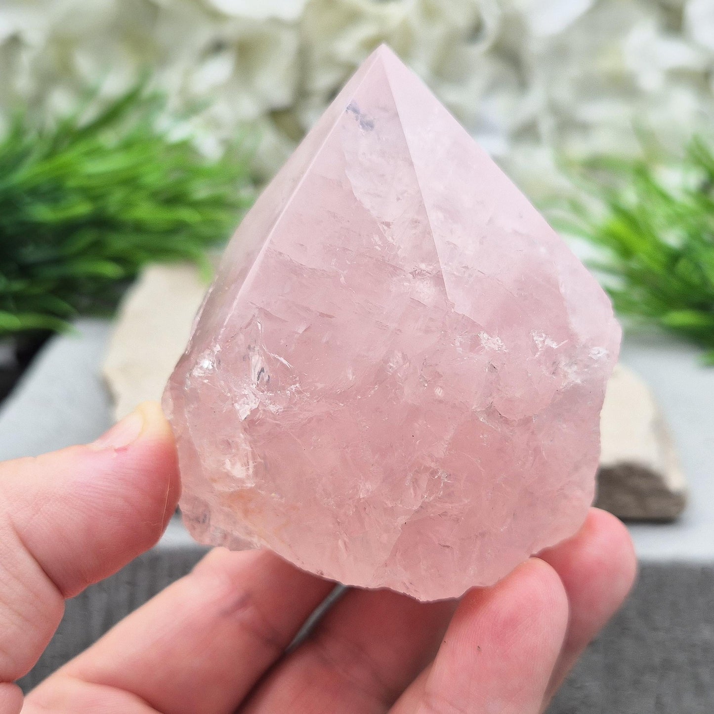 Rose Quartz Crystal Standing Point, Polished Tip, Natural Sides