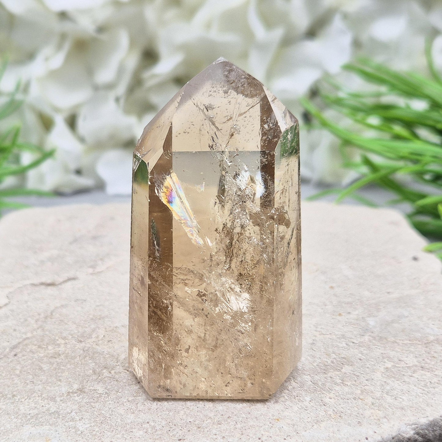 Natural Citrine Crystal Point, Polished With Light Reflecting Inclusions And A Rainbow