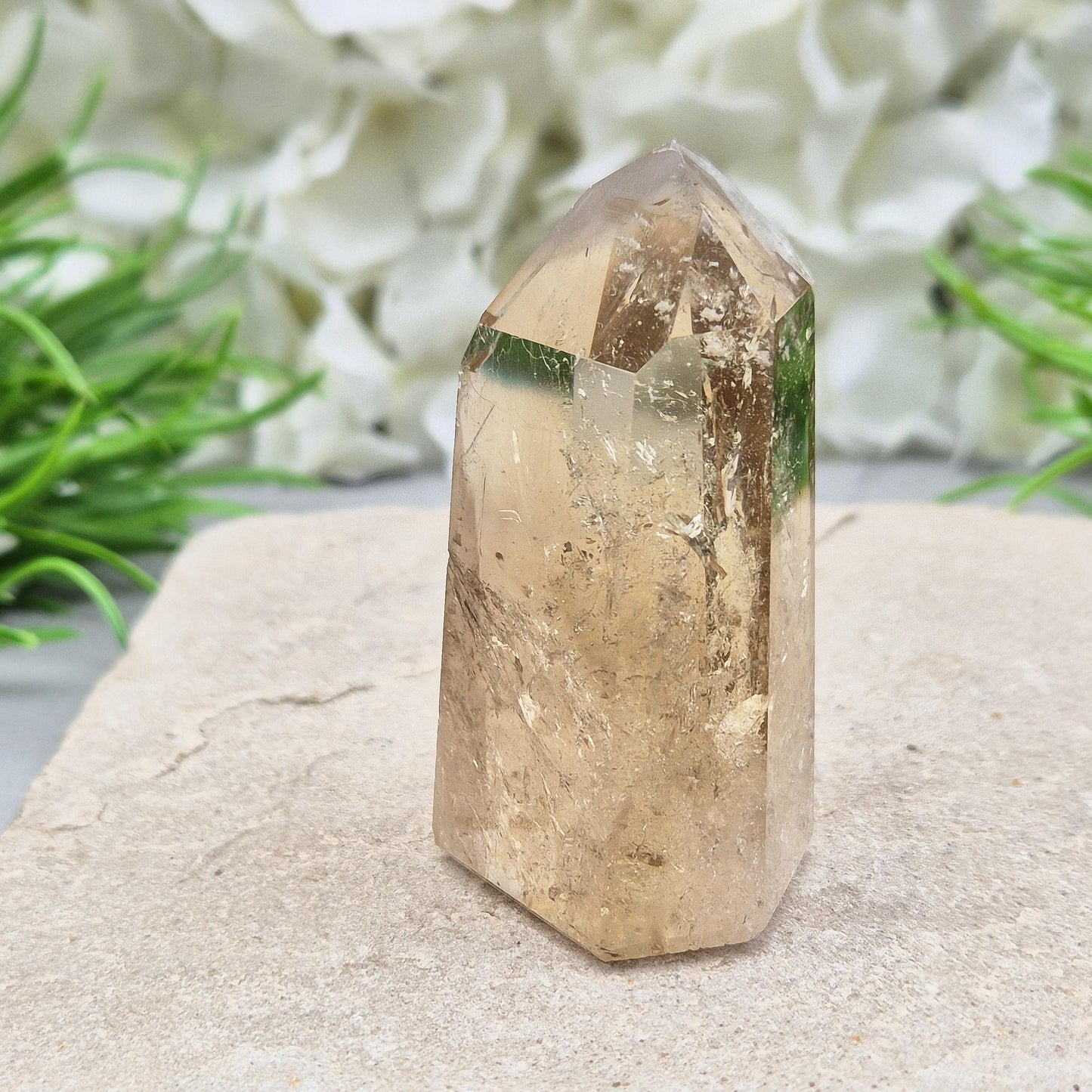 Natural Citrine Crystal Point, Polished With Light Reflecting Inclusions And A Rainbow