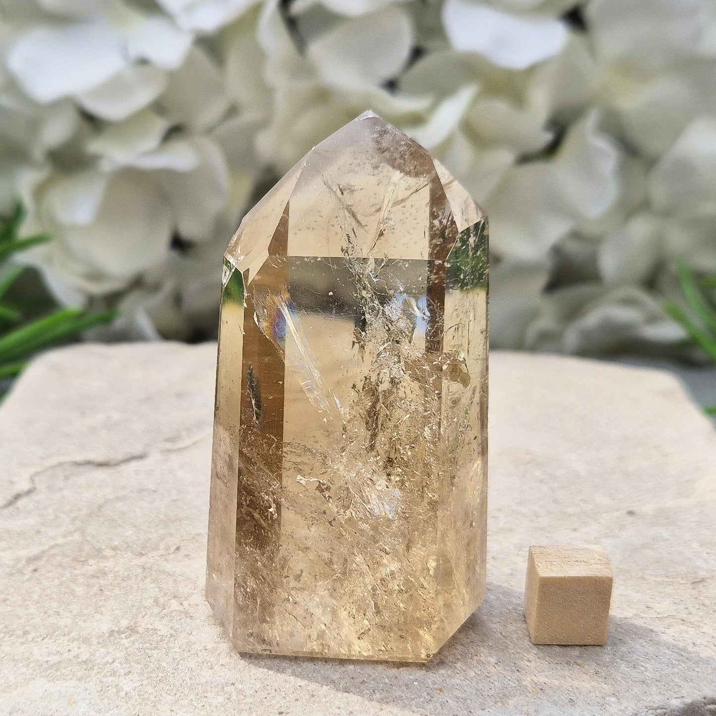 Natural Citrine Crystal Point, Polished With Light Reflecting Inclusions And A Rainbow
