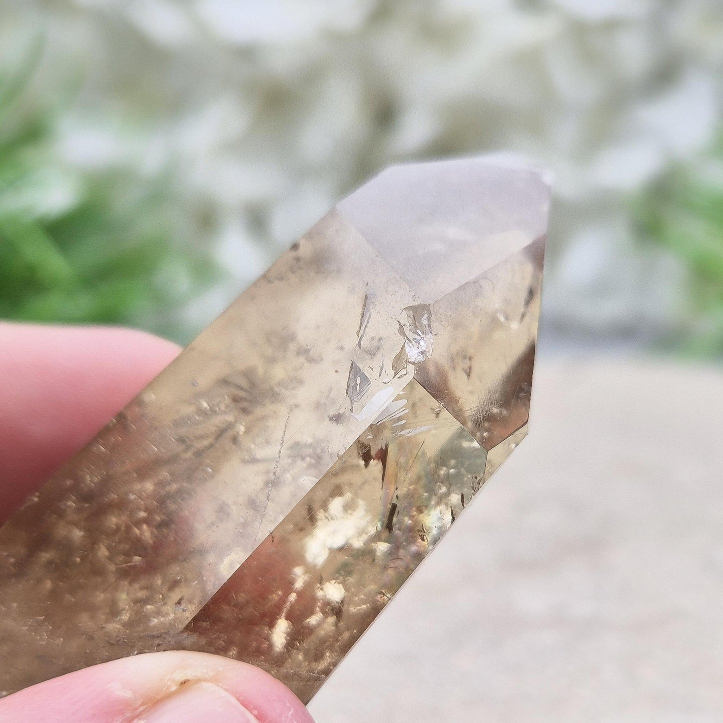 Natural Citrine Crystal Point, Polished With Light Reflecting Inclusions And A Rainbow