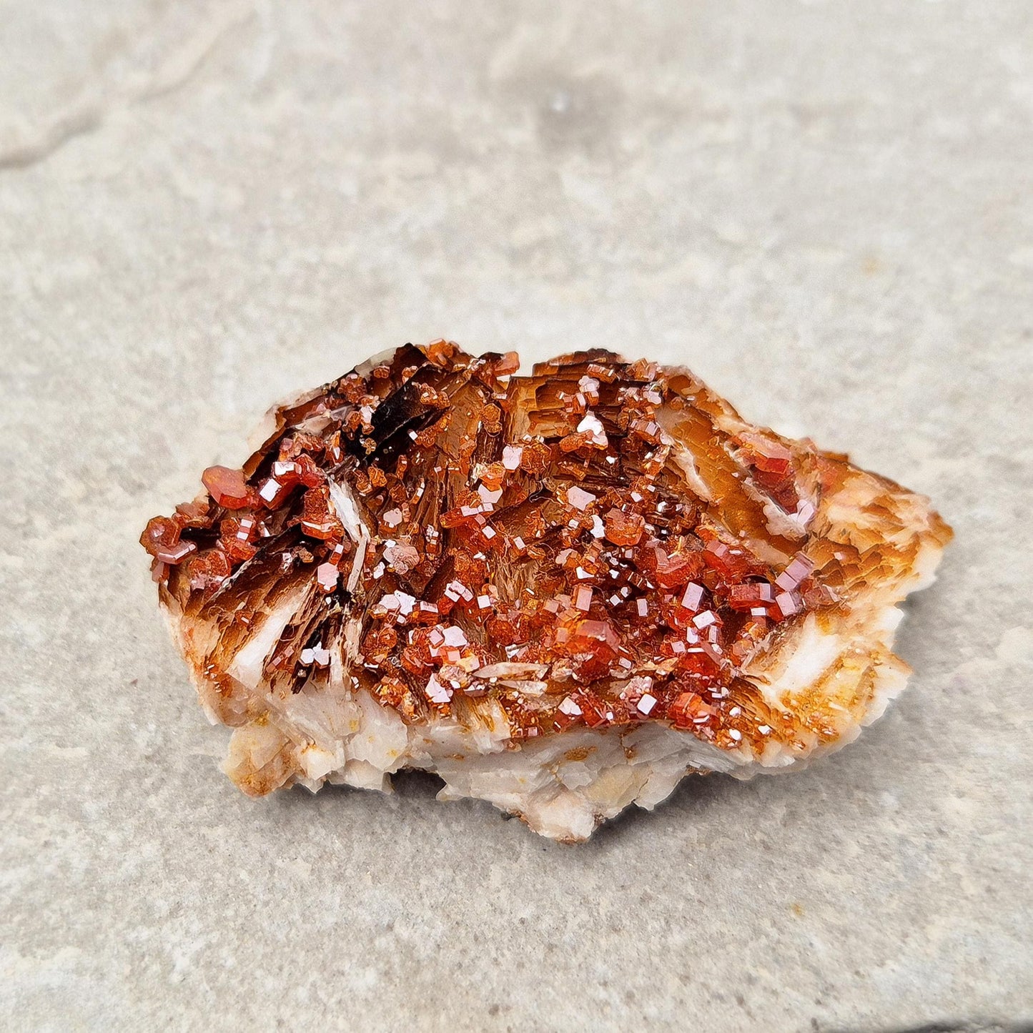 Vanadinite Crystal Cluster, fiery red-orange Vanadite crystals on matrix
