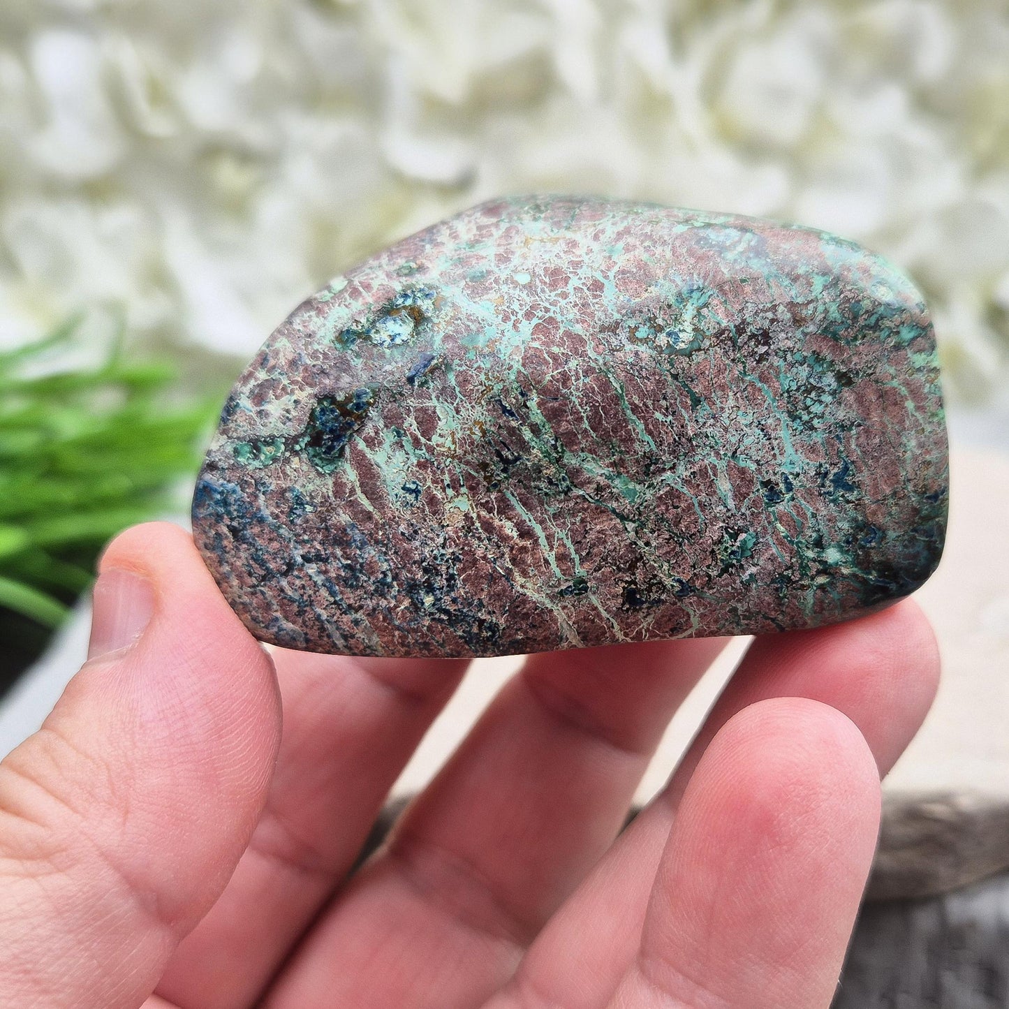 Shattuckite with Chrysocolla & Cuprite in polished form. Vivid copper-rich crystal blend for insight, emotional harmony, and steady grounding.