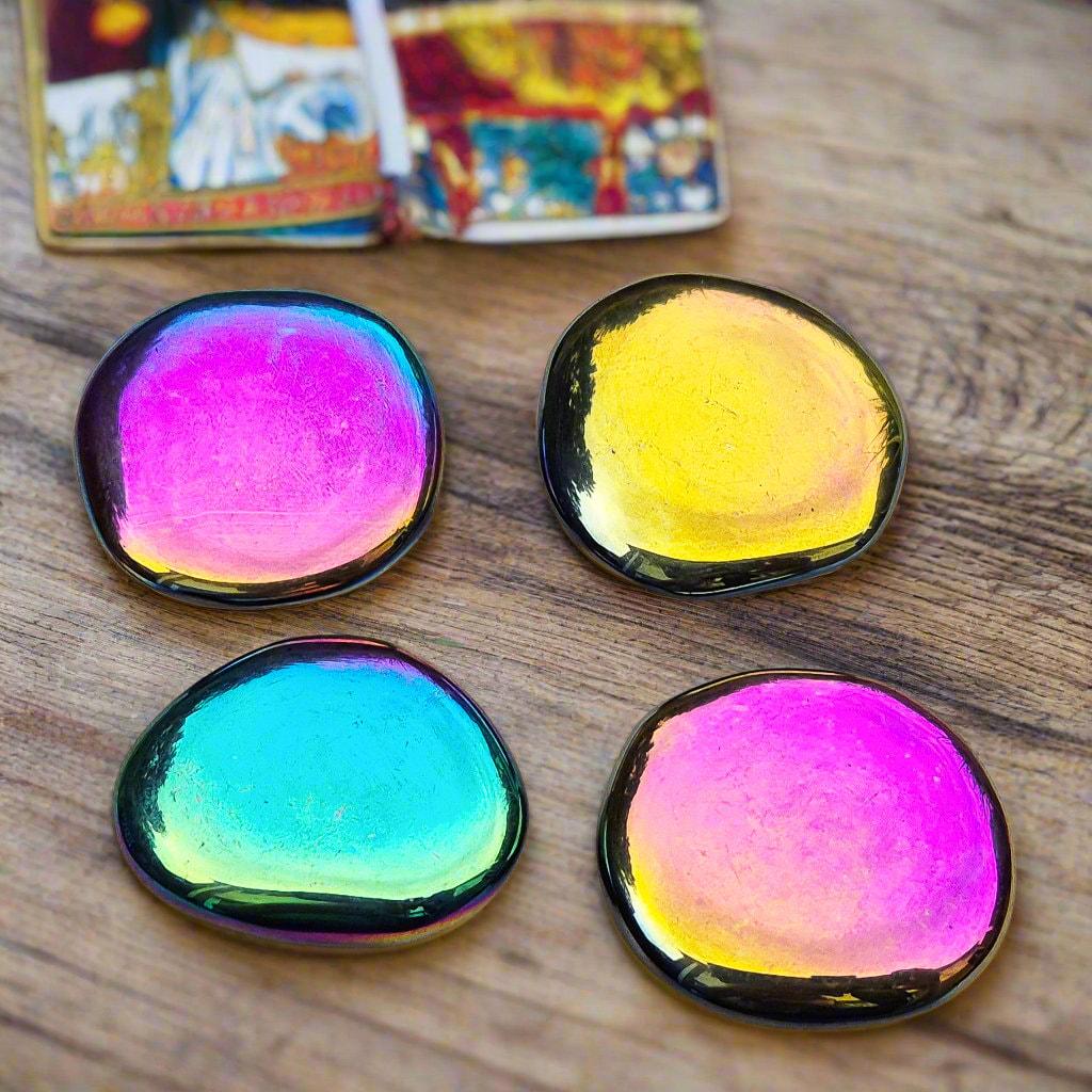 Titanium Aura Obsidian Palm Stone, Rainbow Aura Crystal | Spiritual Gemstone