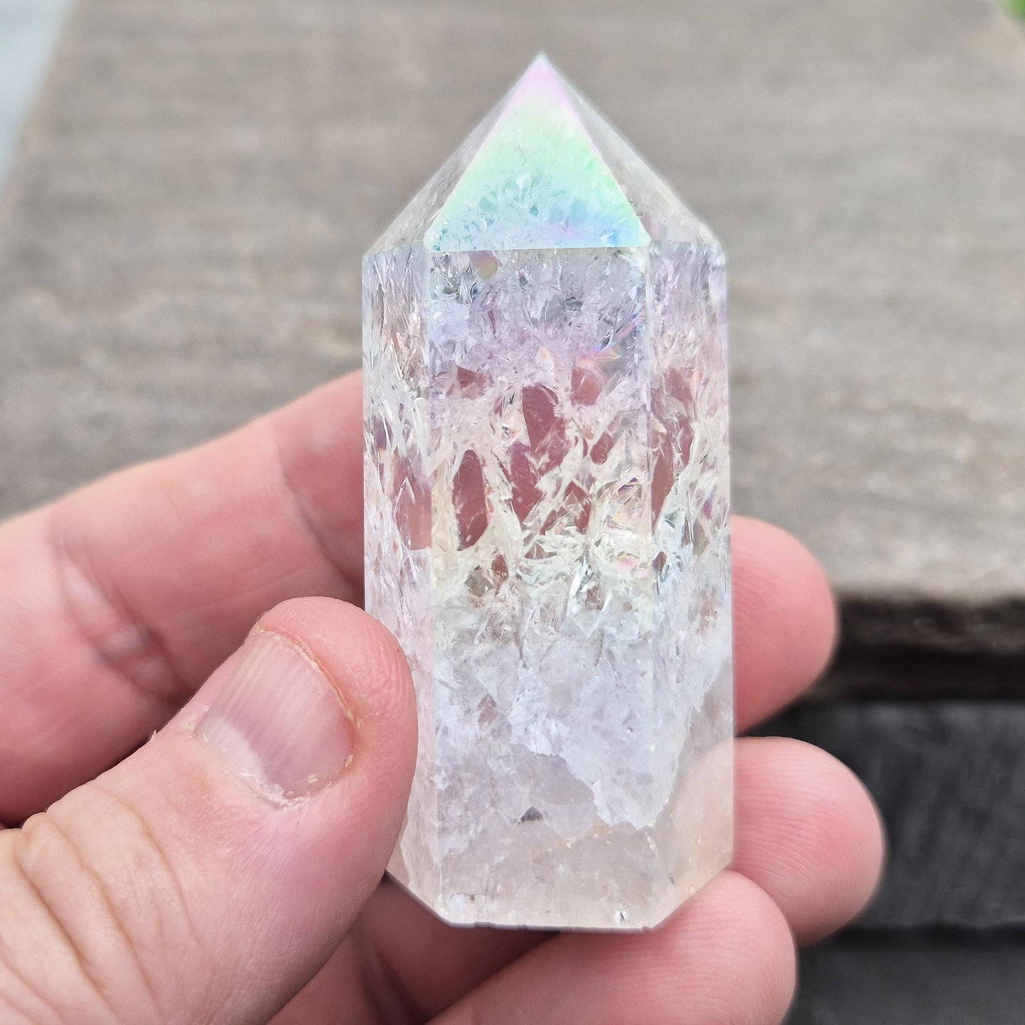 Aura Fire and Ice Quartz Standing Point, Unicorn Horn, Rainbow Quartz
