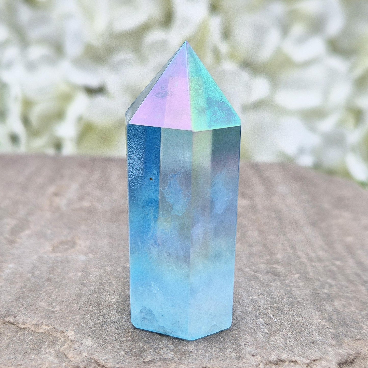 Aqua Aura Quartz Crystal Point: Gold Bonded Healing Decor