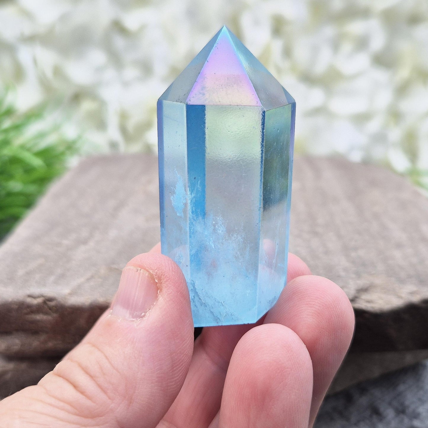 Aqua Aura Quartz Crystal Point: Gold Bonded Healing Decor