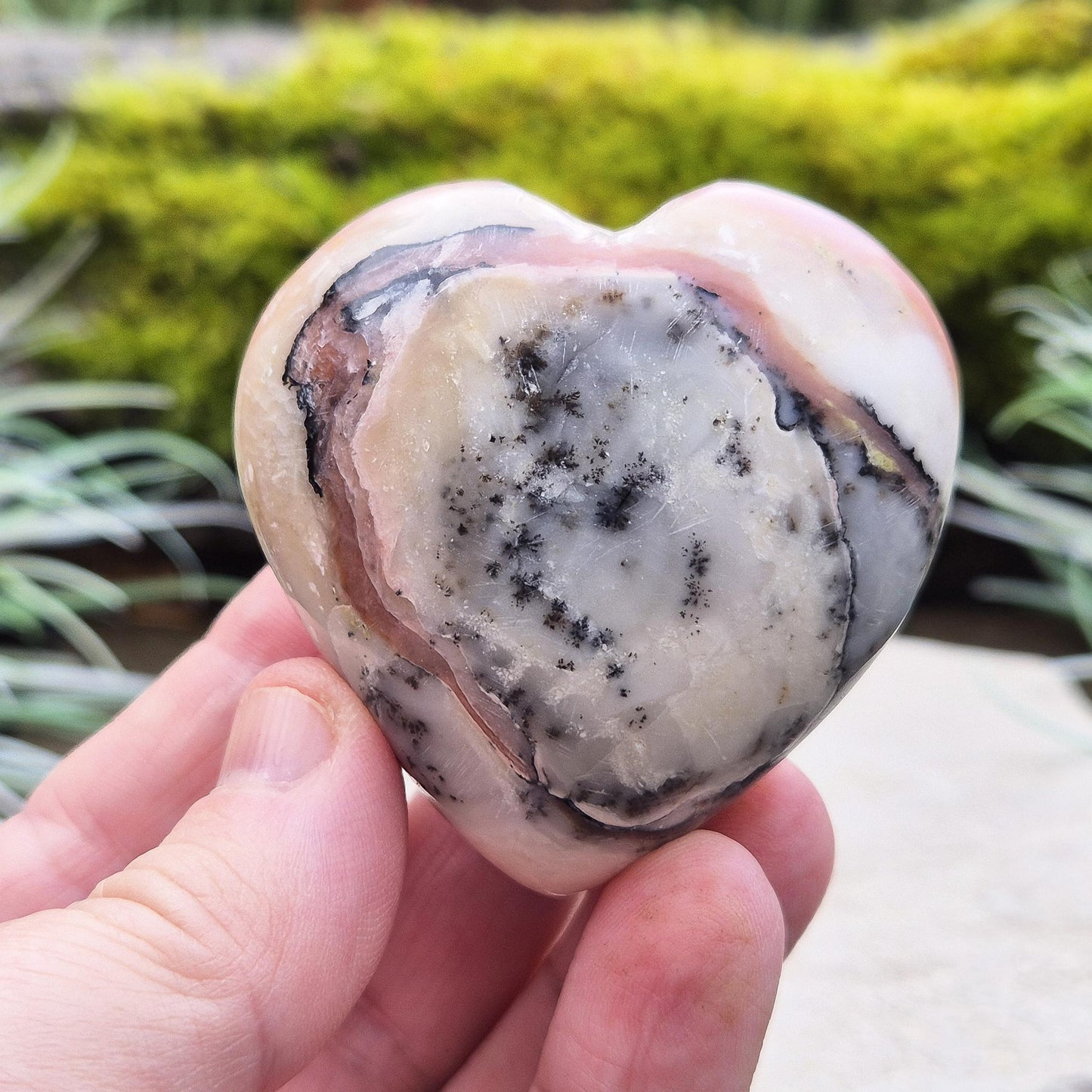 Pink Opal Crystal Heart with Dendritic Inclusions