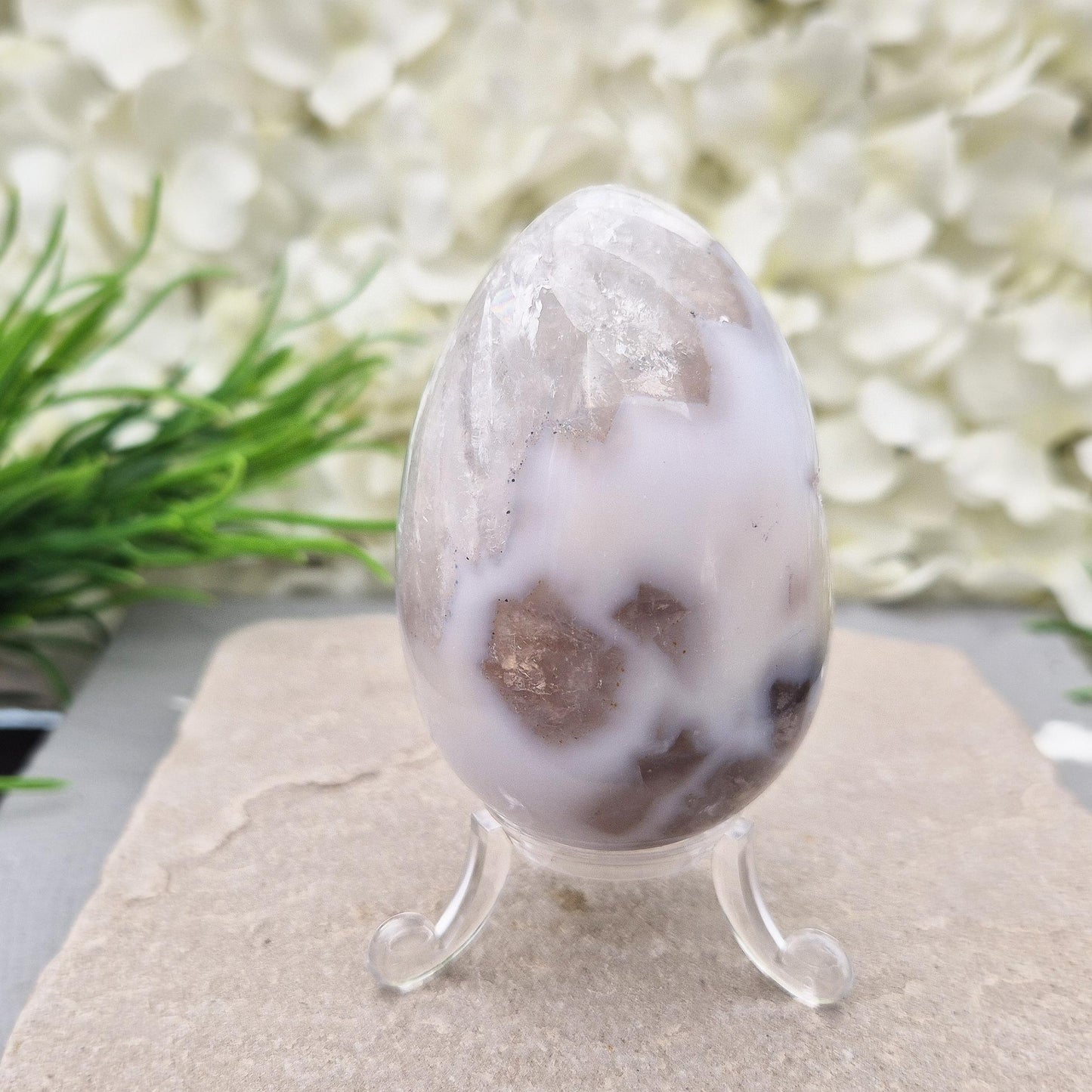 Polished Druzy Agate Egg, Calming Crystal, Display Piece with Stand