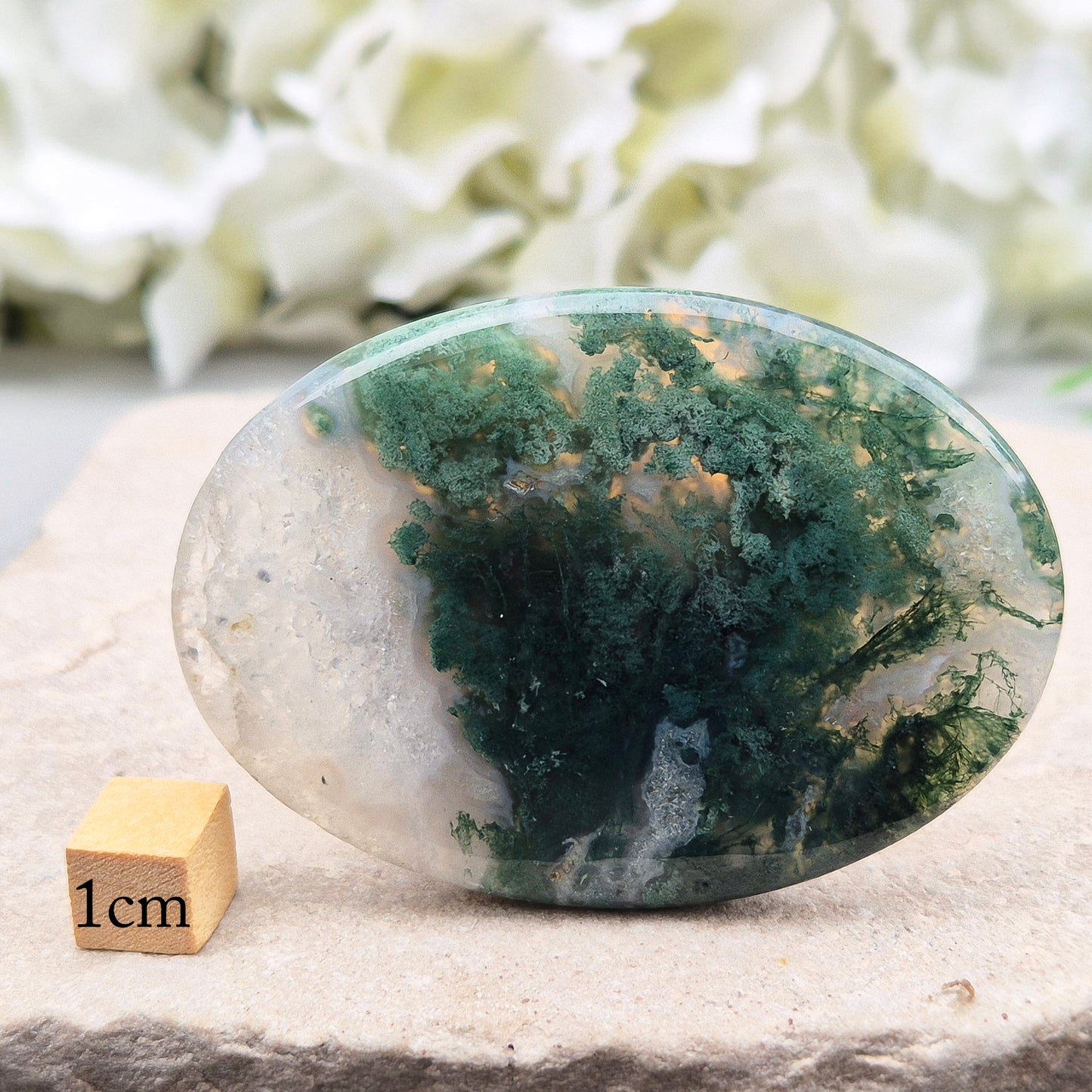 Polished Moss Agate palm stone. Known as a stone of nature, grounding and growth, it supports balance, stability and a calm, centred mind.
