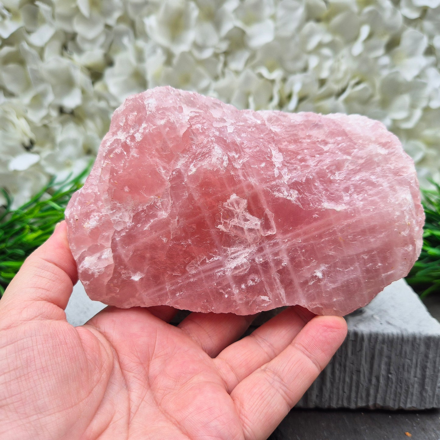 Natural Rose Quartz crystal to display in your home. Promotes calm, self-love, and emotional balance while bringing harmony to your space.