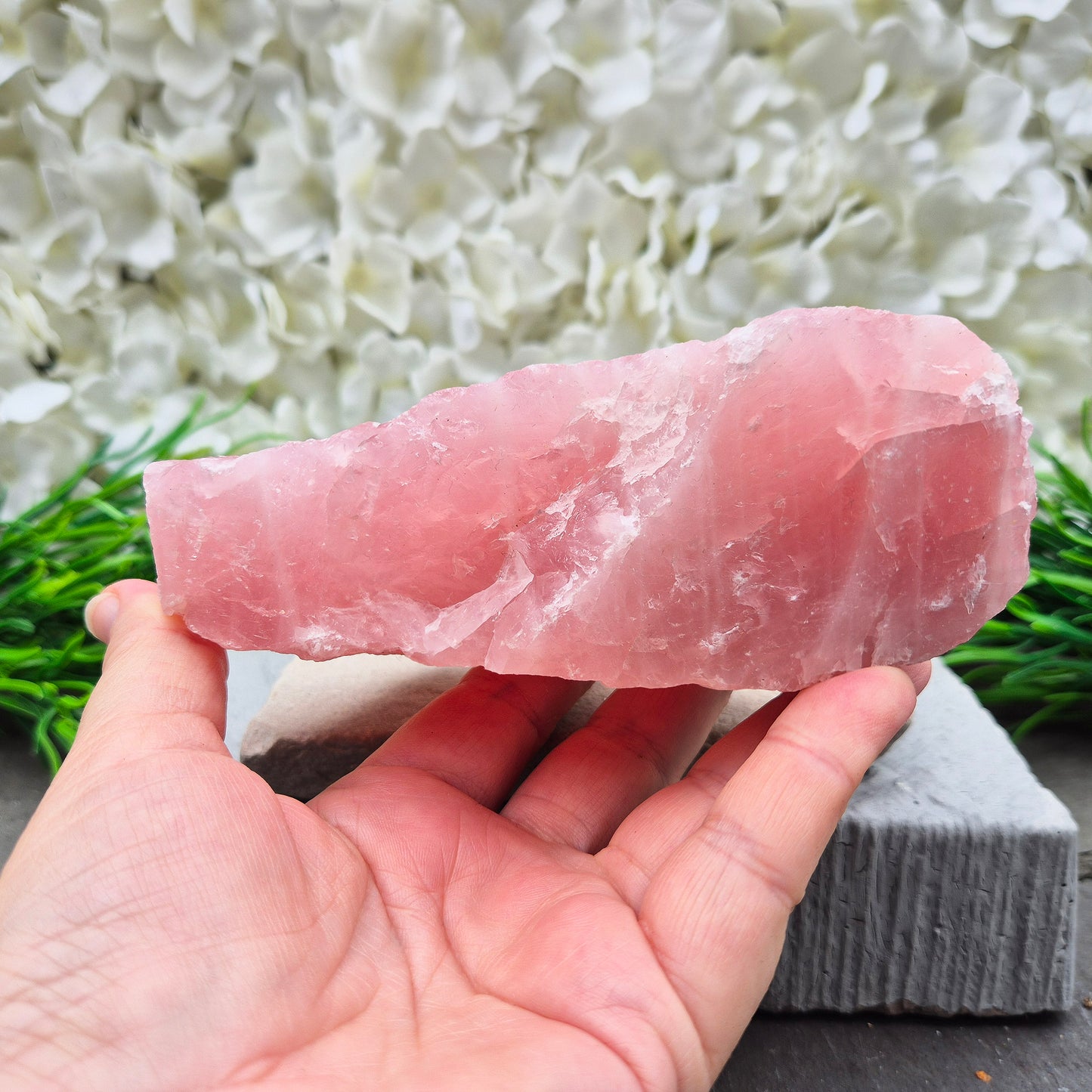 Natural Rose Quartz crystal to display in your home. Promotes calm, self-love, and emotional balance while bringing harmony to your space.