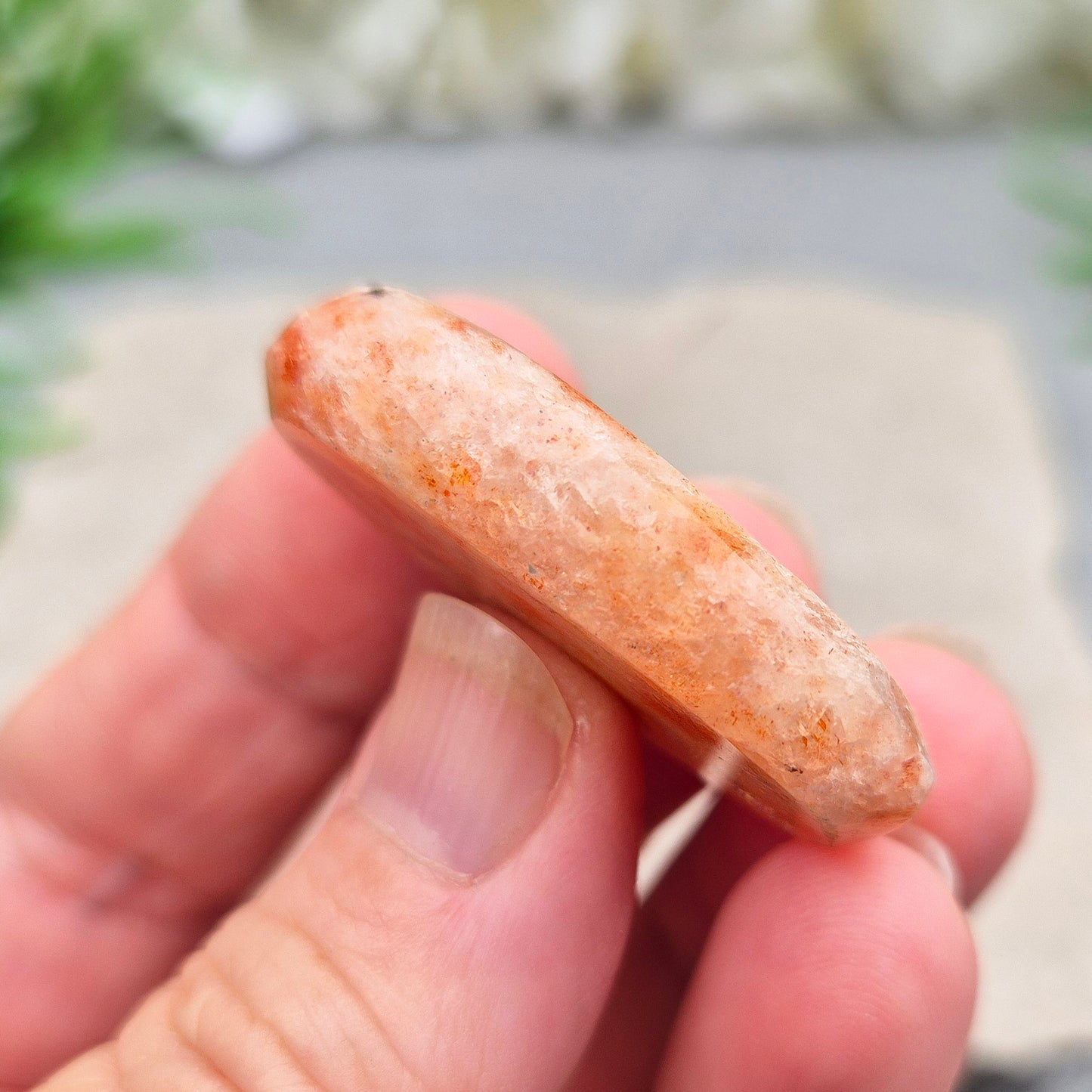 Sunstone Palm Stone – crystal of joy, vitality and confidence. Smooth and polished for meditation, energy work, or carrying uplifting energy with you.