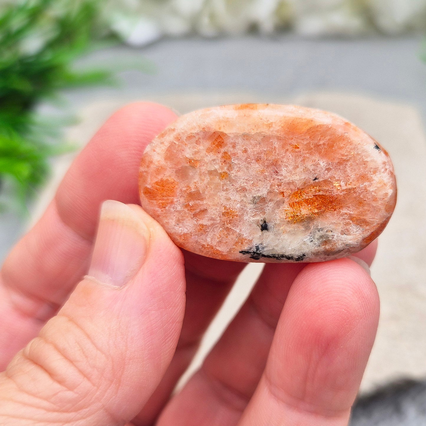 Sunstone Palm Stone – crystal of joy, vitality and confidence. Smooth and polished for meditation, energy work, or carrying uplifting energy with you.