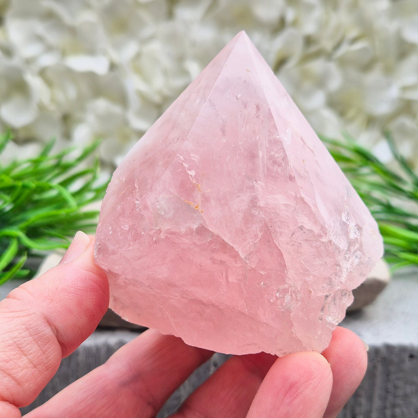 Rose Quartz Crystal Standing Point, Natural Sides, Polished Tip