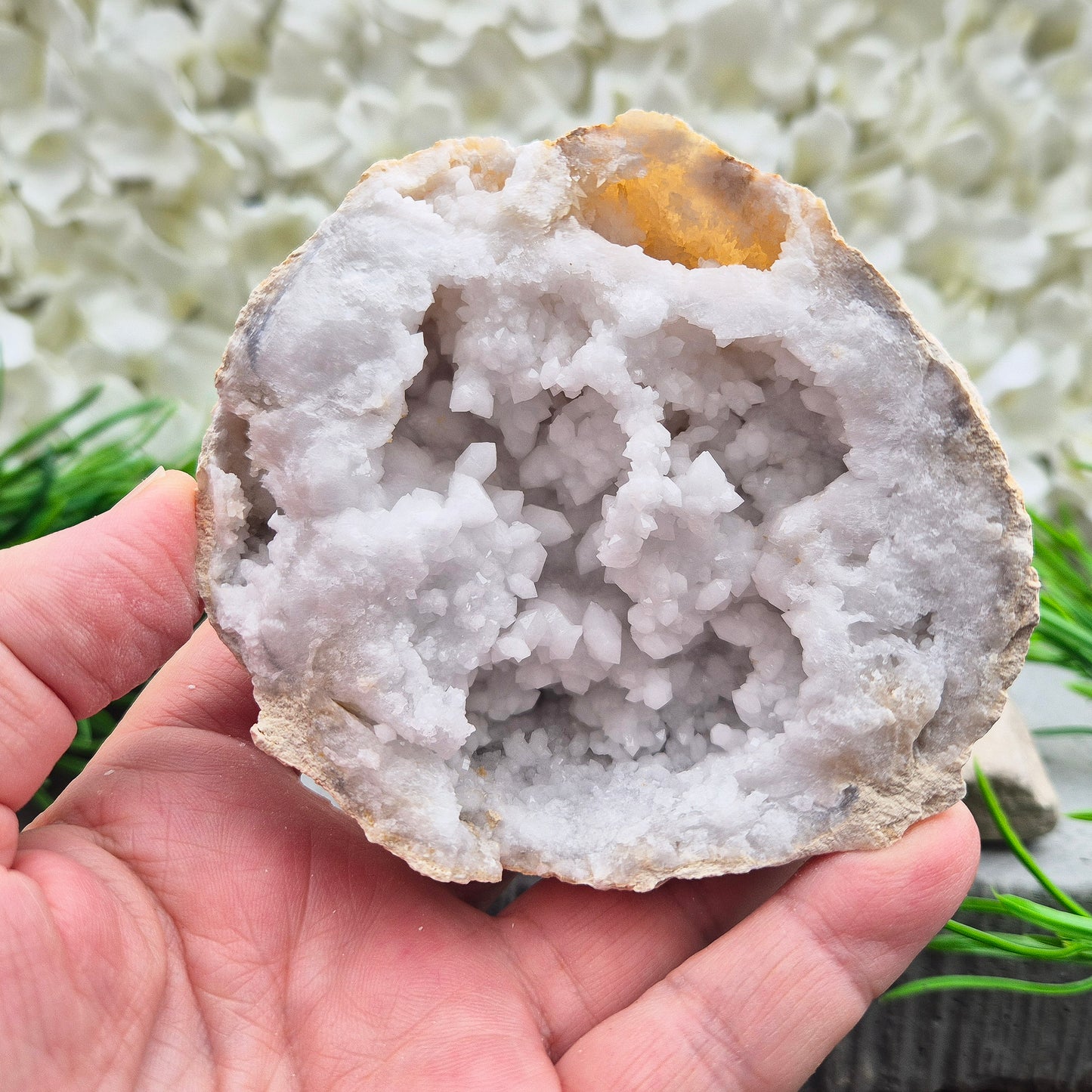 Quartz geode pair that brings a soothing, balanced atmosphere to any room. A lovely choice for home styling, meditation, and crystal lovers.