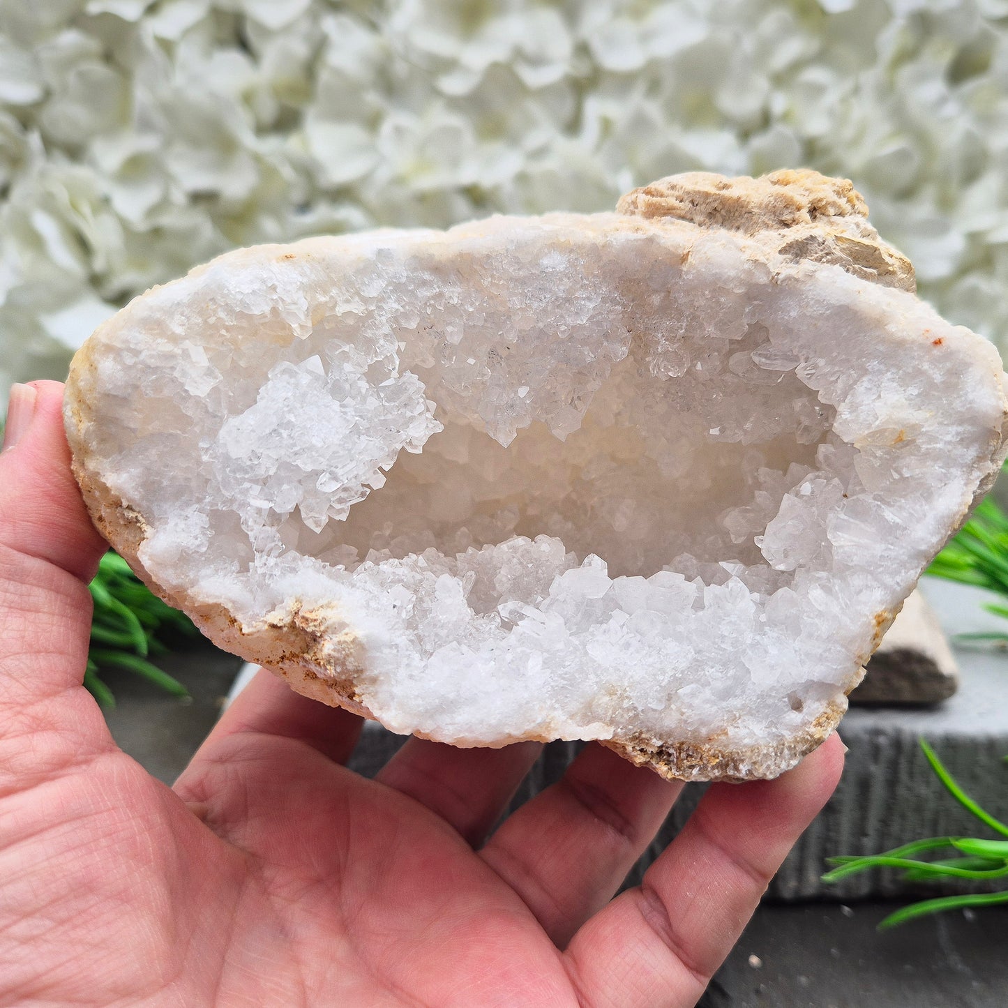 Natural Quartz geode pair from Morocco with sparkling crystal interior. Self-standing display pieces that bring a calm, balanced feel to your home or sacred space.