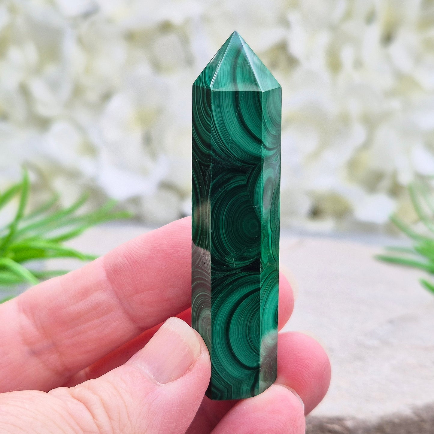 Beautiful Malachite Tower featuring natural patterns and vibrant green tones. Ideal for crystal lovers, meditation, and boho home décor.