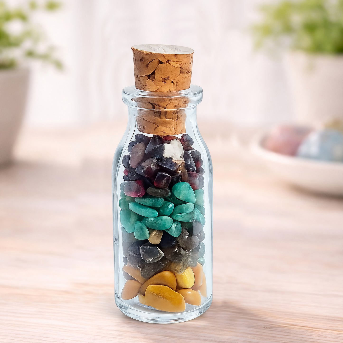 Quiet Confidence crystal blend bottle with garnet, jasper, amazonite and labradorite. A grounding decorative piece for calm self-assurance and self expression.