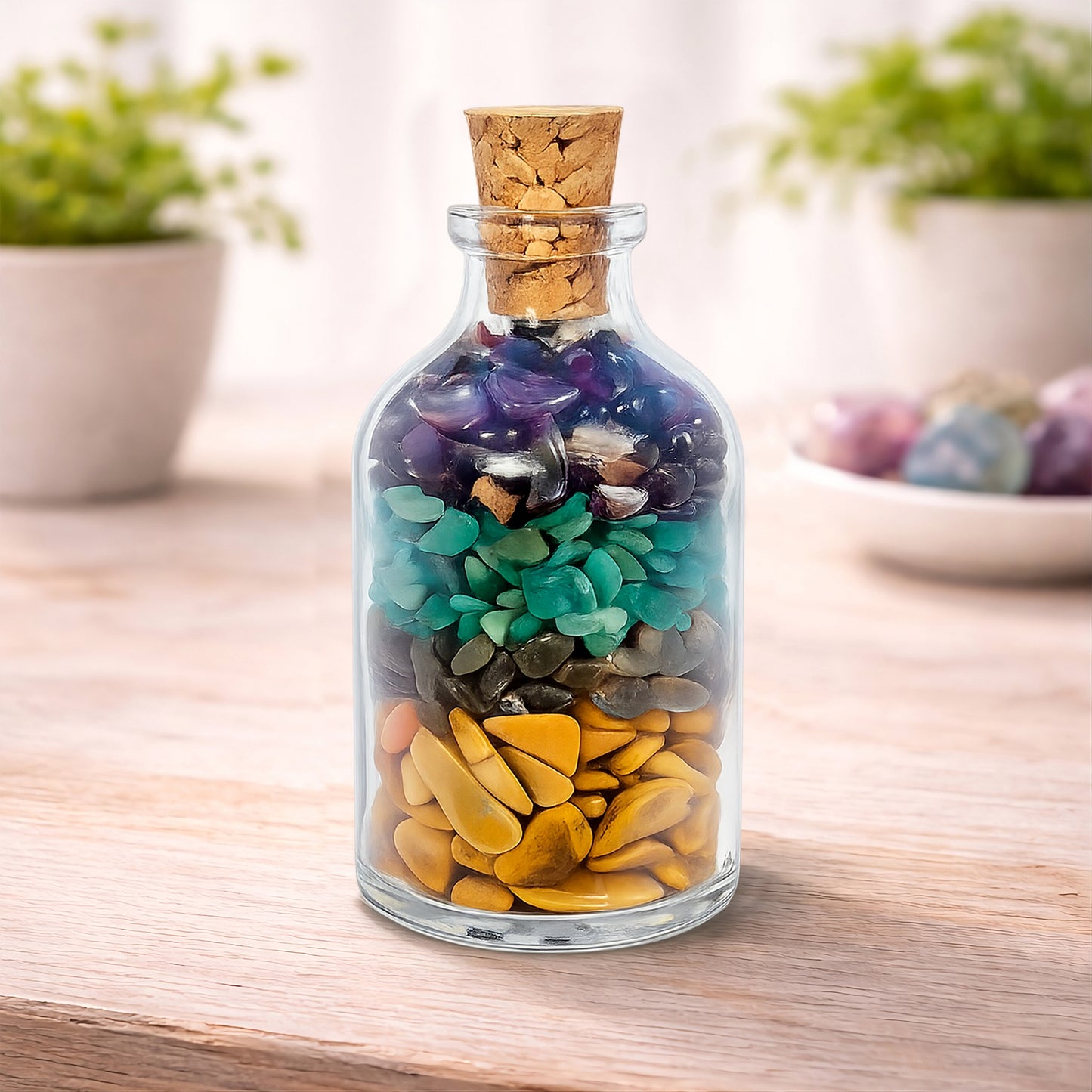 Quiet Confidence crystal blend bottle with garnet, jasper, amazonite and labradorite. A grounding decorative piece for calm self-assurance and composed communication.