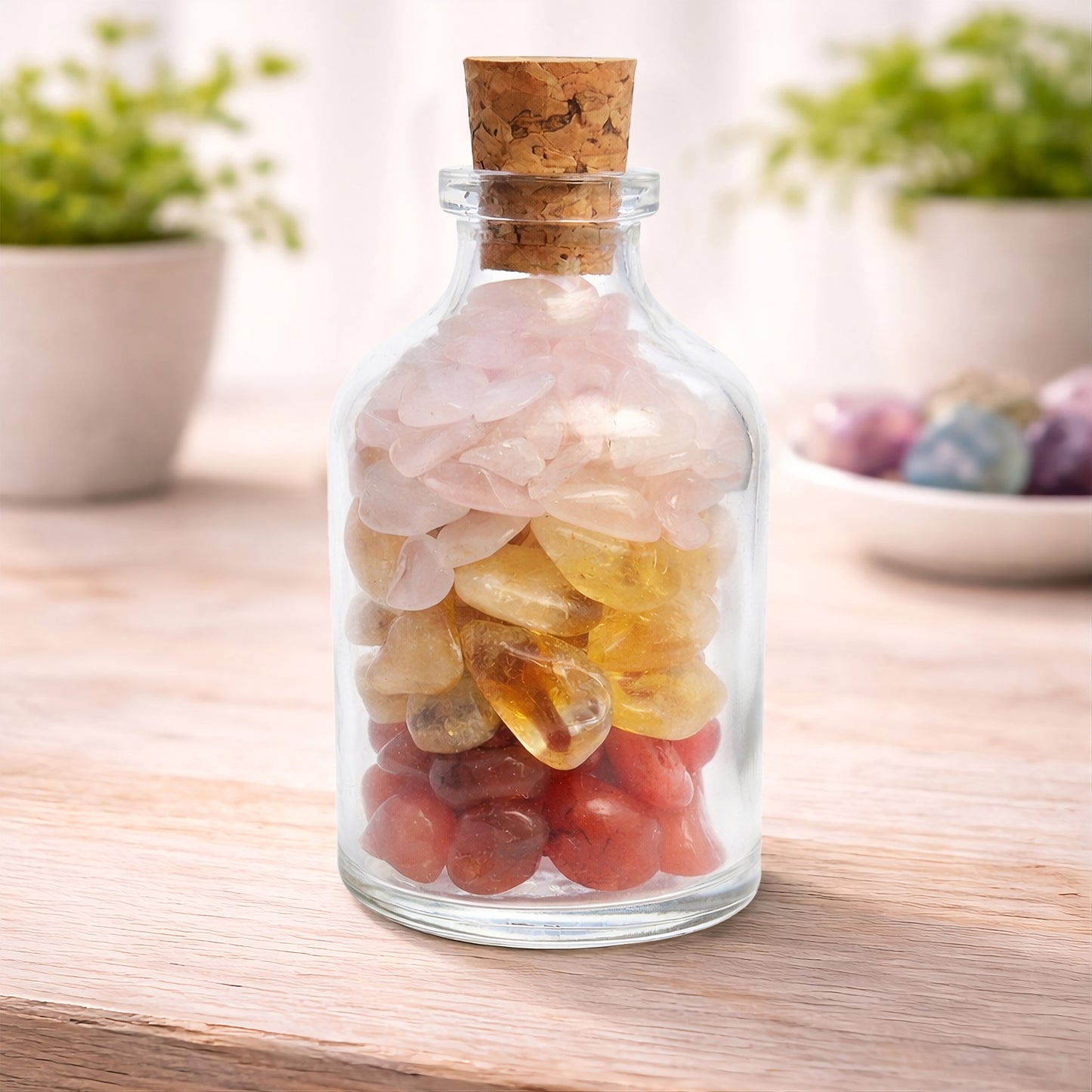 LOL Laugh Out Loud crystal bottle with citrine, carnelian and rose quartz. A warm, uplifting decorative blend for brighter days and thoughtful gifting.