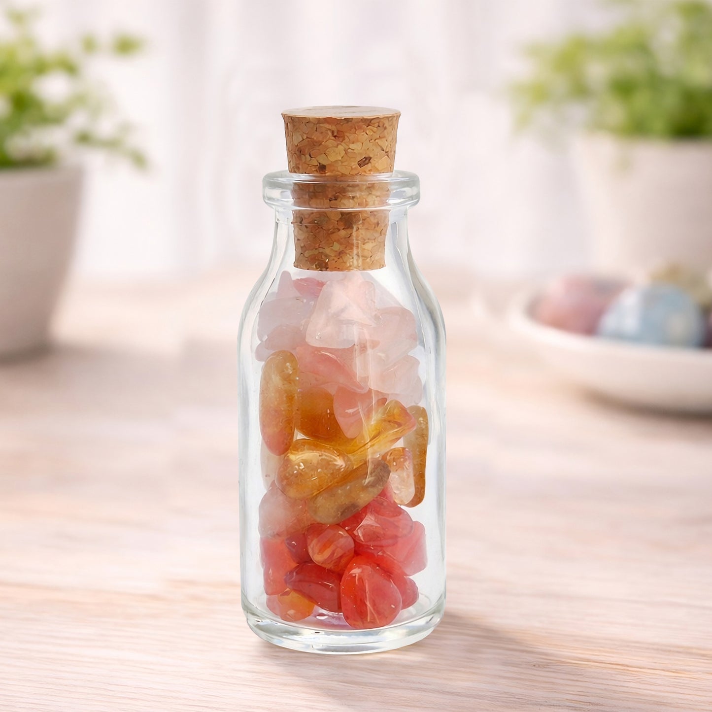 LOL Laugh Out Loud crystal blend bottle with citrine, carnelian and rose quartz. A decorative uplifting piece for brighter moments, warmth and a cheerful atmosphere.