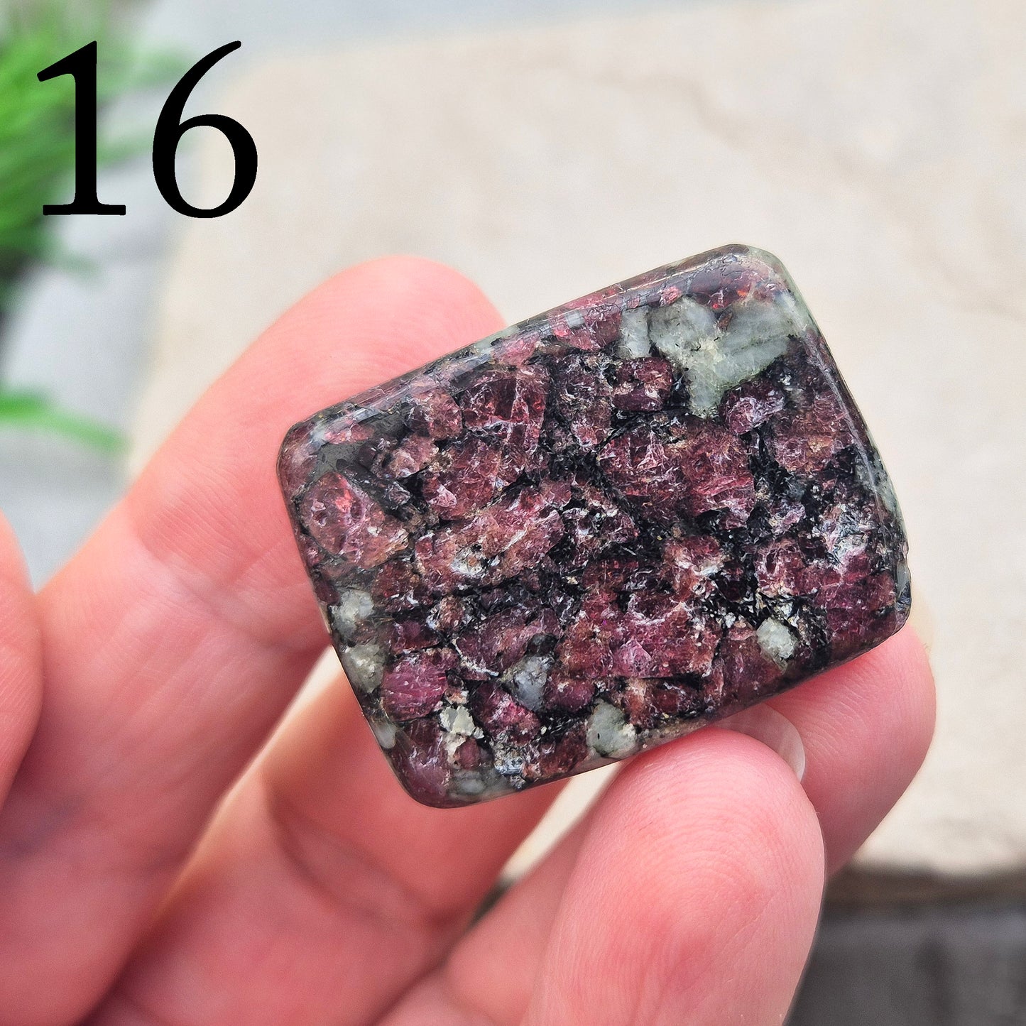 Polished Eudialyte flat stone from Greenland with rich red and pink tones. Associated with emotional steadiness, heart support, and grounded change.