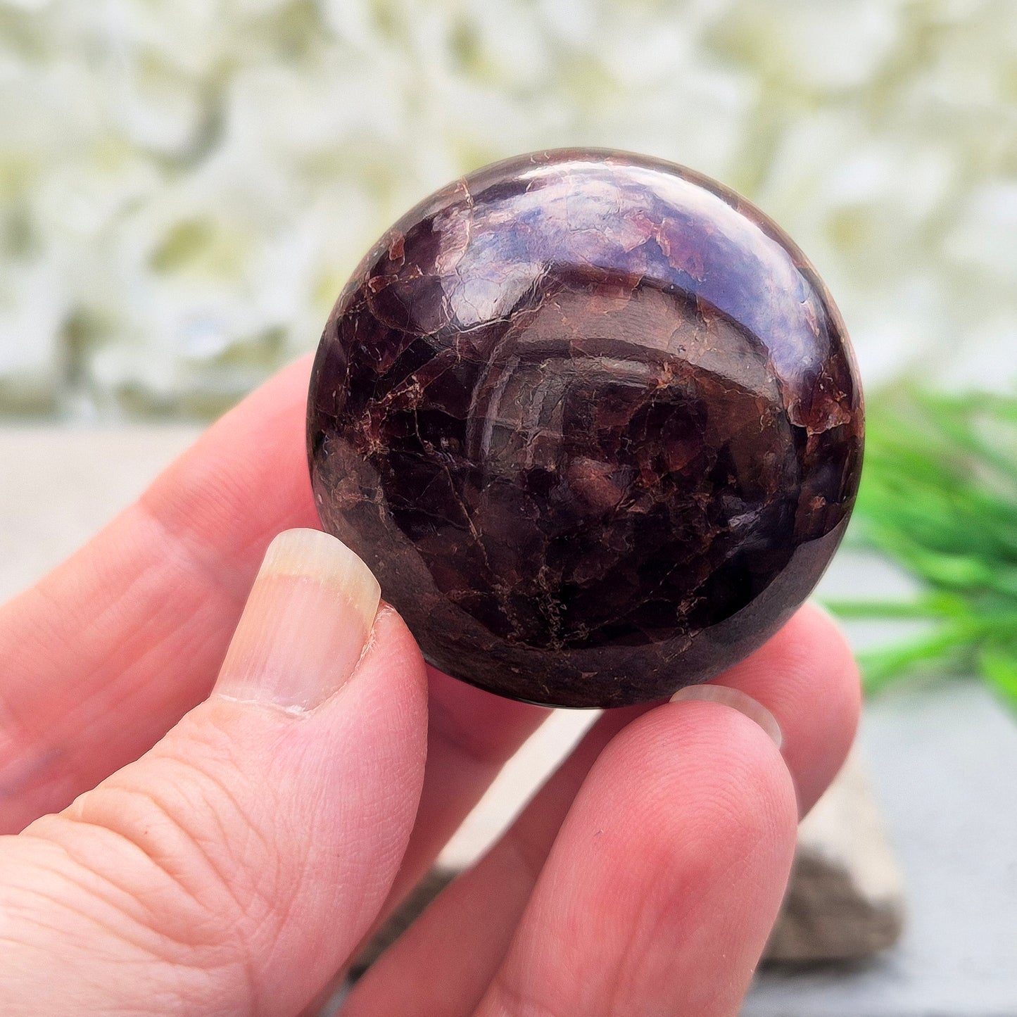 Natural Almandine-Pyrope Star Garnet palm stone. Sparkling, rare, and ideal for meditation, energy work, or display.