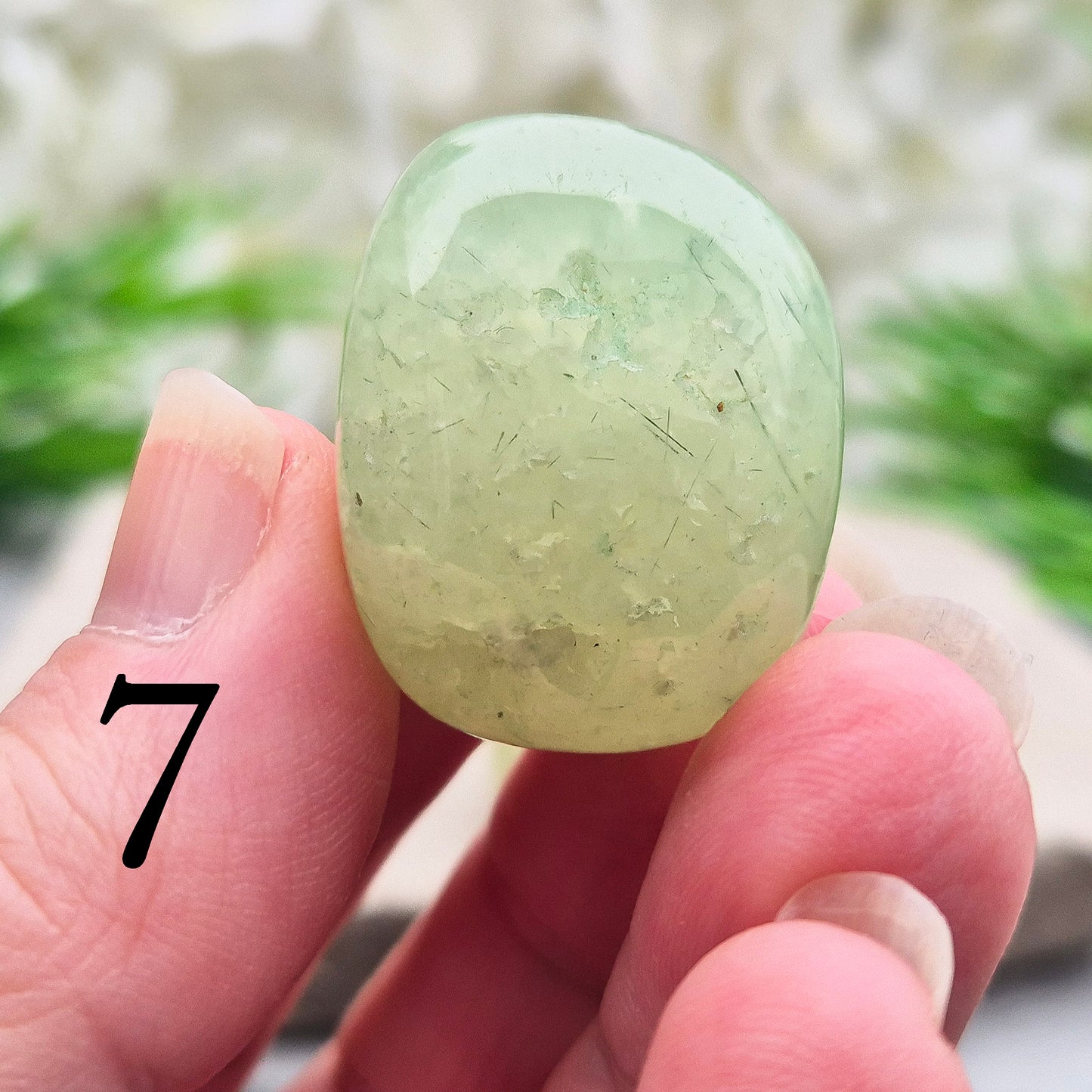 light green Prehnite XL tumblestone from Mali. Soft, calming crystal with gentle energy. Ideal for emotional balance, self-trust, and peaceful spaces.