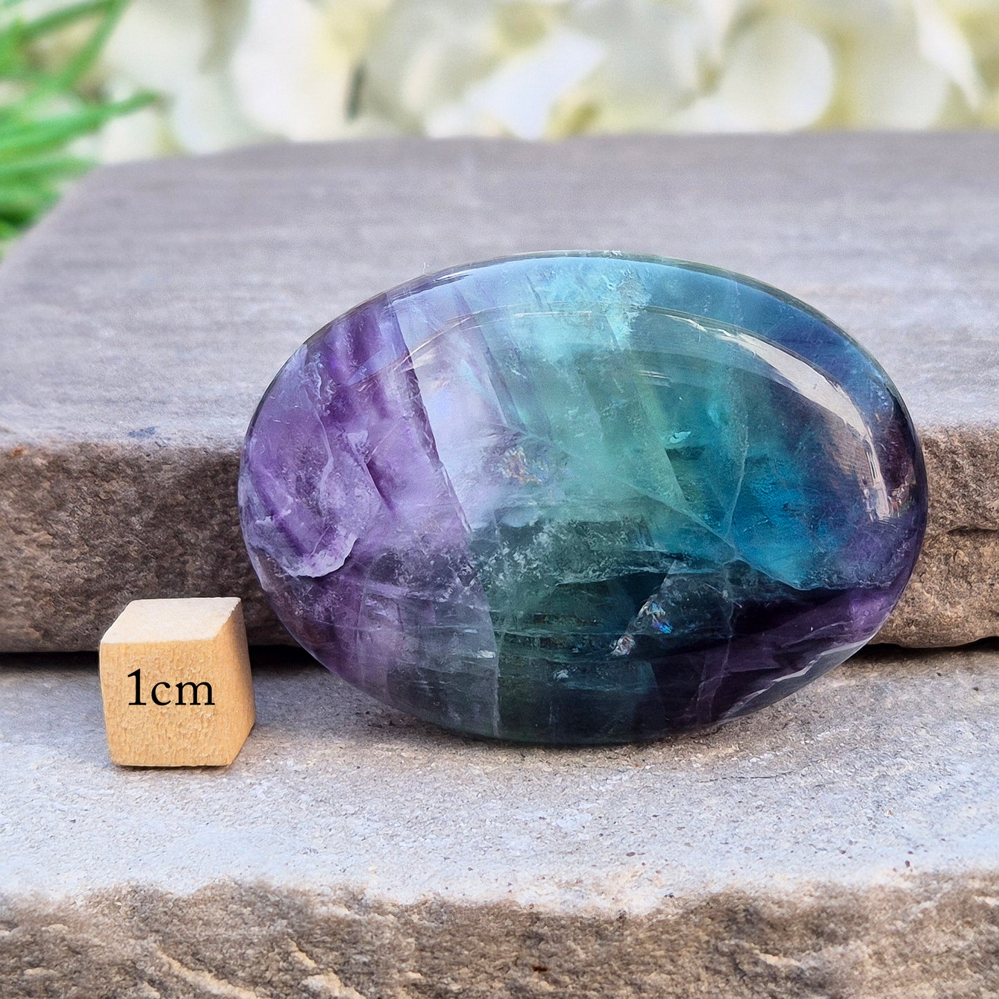 Fluorite palm stone in green, purple & blue. Supports focus, mental balance, and calm energy. Perfect for holding, meditation, or gifting.
