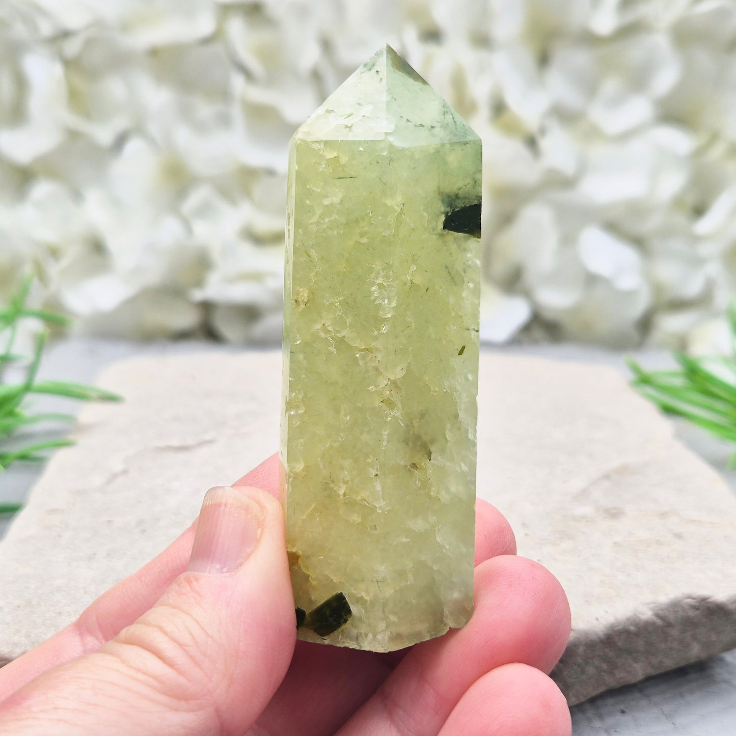 Prehnite with Epidote crystal tower from south africa. A calming heart-centred stone believed to support balance, healing, and positive growth.