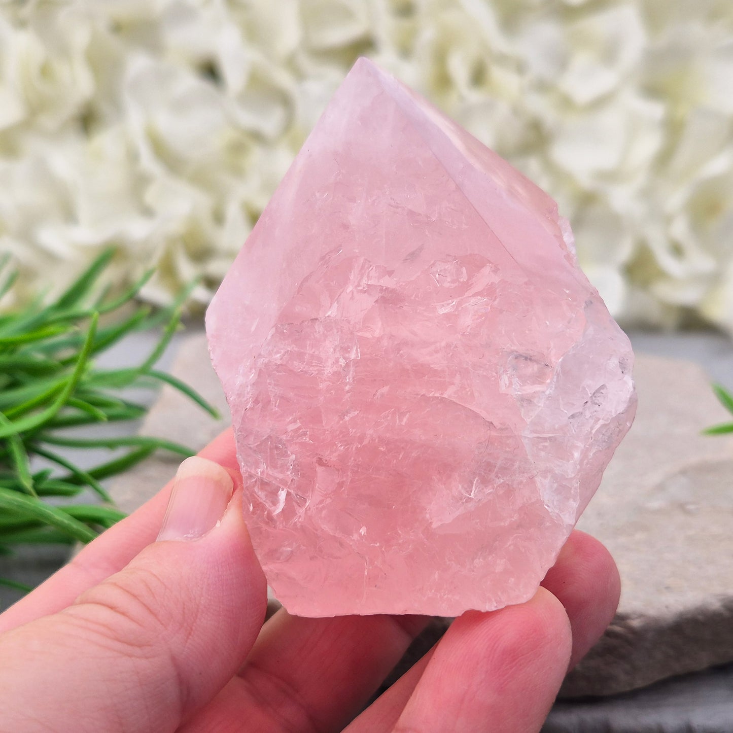 Pink Rose Quartz standing point from Brazil. Promotes self-love, calm, and emotional healing. Perfect for display, meditation, or heart chakra work.