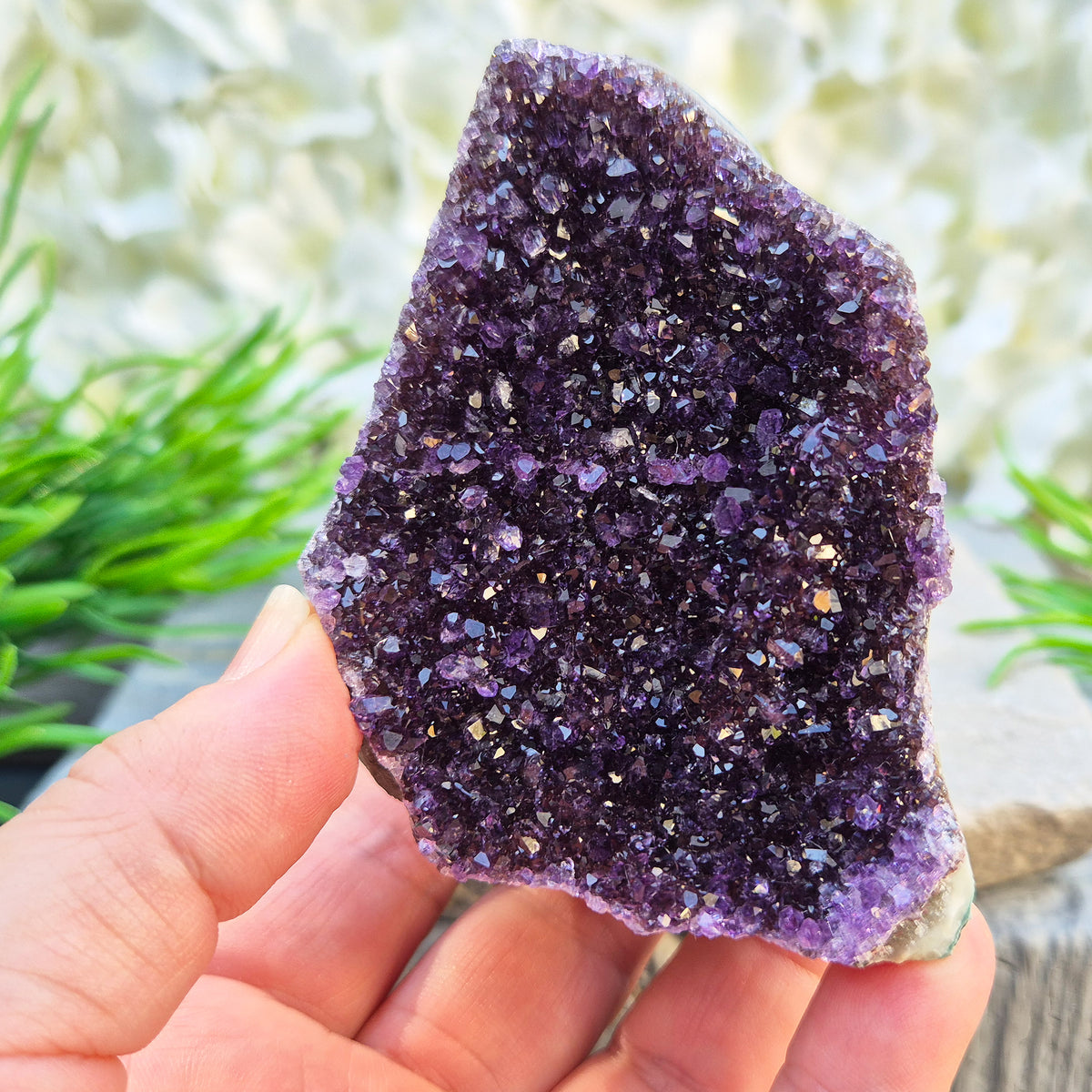 Amethyst geode with sparkling deep purple points from Brazil. A self-standing display piece offering calm, clarity, protection, and strong spiritual presence.