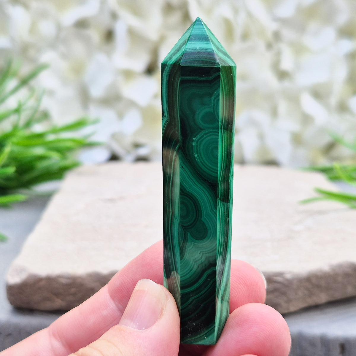 Beautiful Malachite Tower featuring natural patterns and vibrant green tones. Ideal for crystal lovers, meditation, and boho home décor.