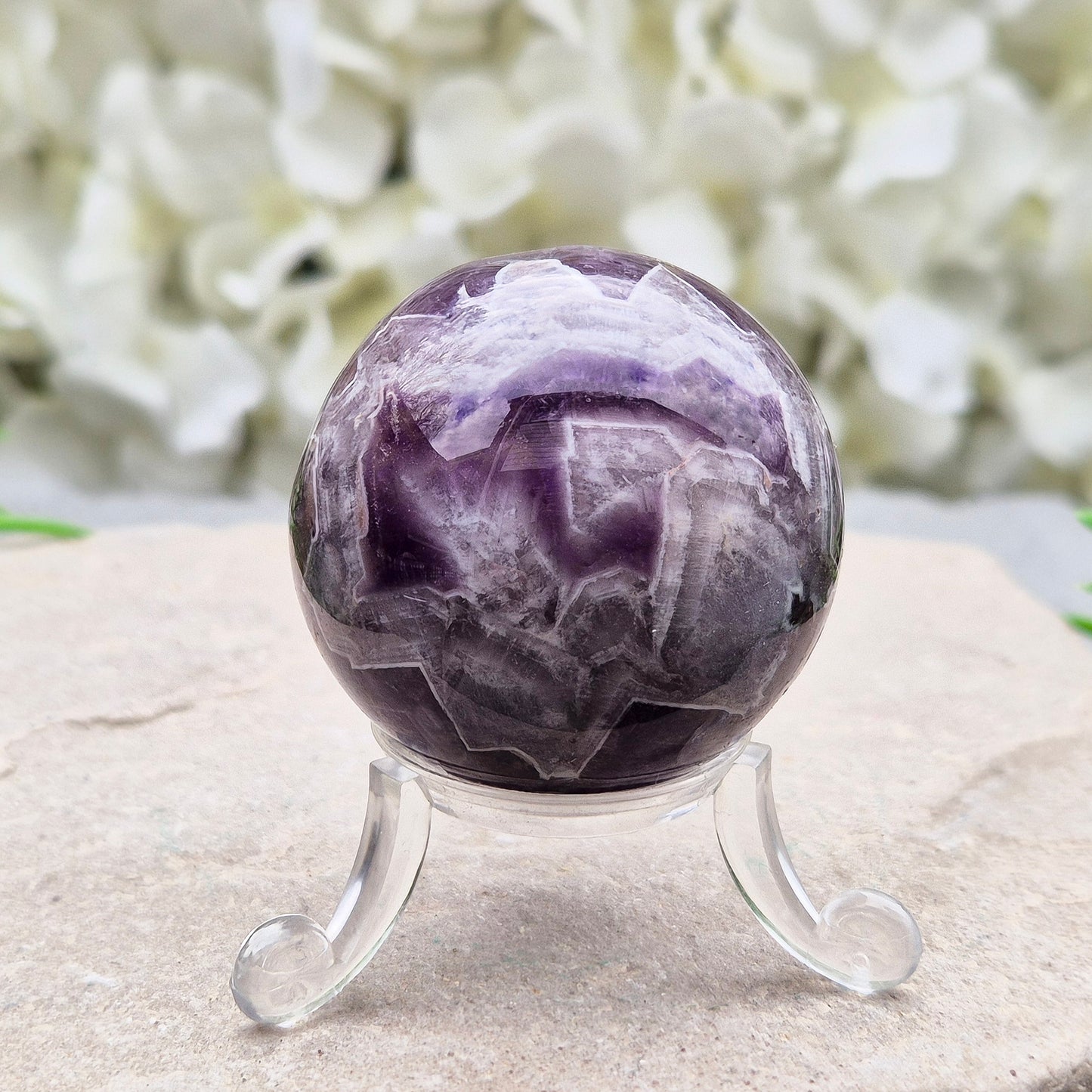 Chevron Amethyst Crystal Sphere, Amethyst with Quartz Crystal Ball, acrylic stand Included