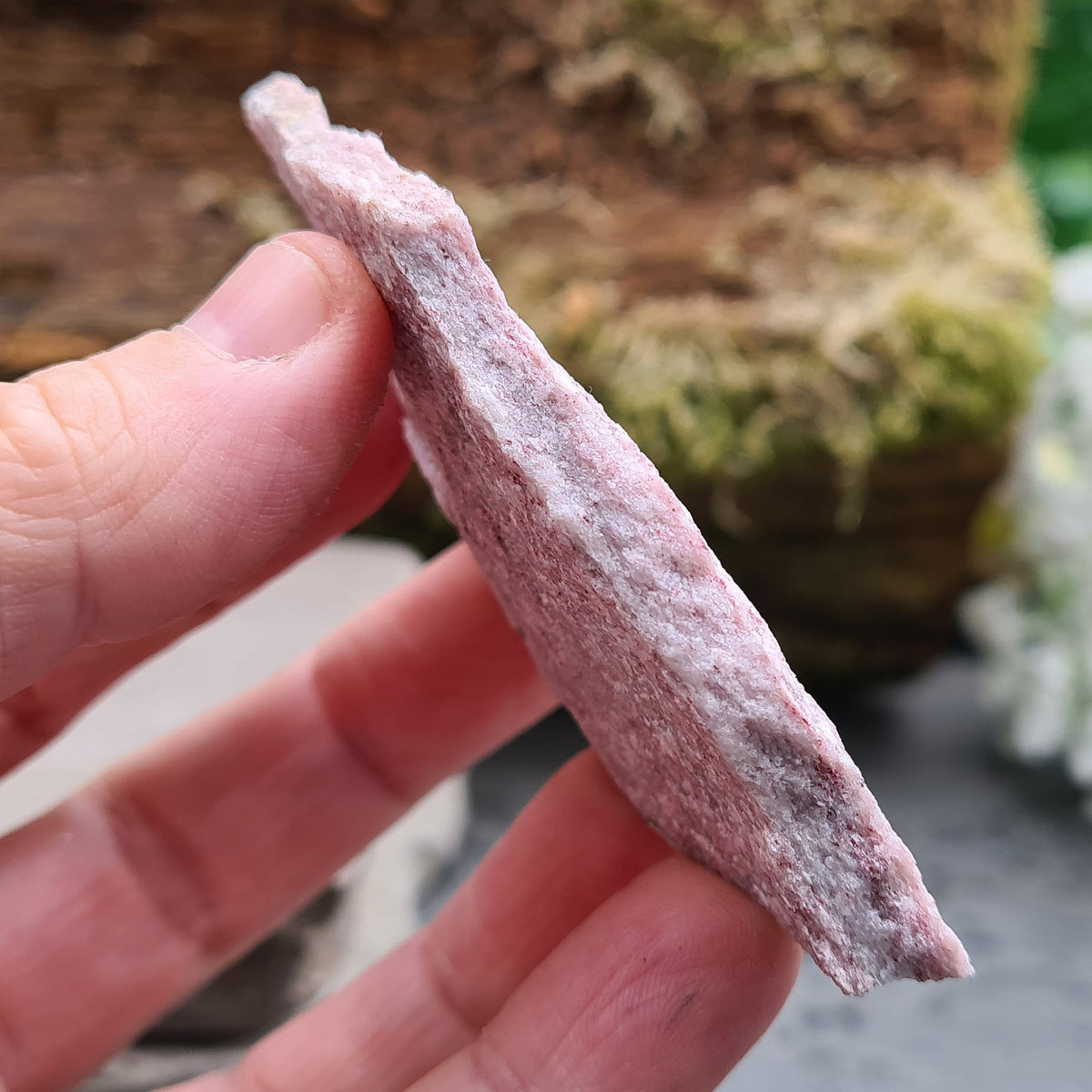Natural Pink Thulite (Rosaline) from Norway with a sparkly pink surface. Often chosen for confidence, creativity and expressing love and passion. 